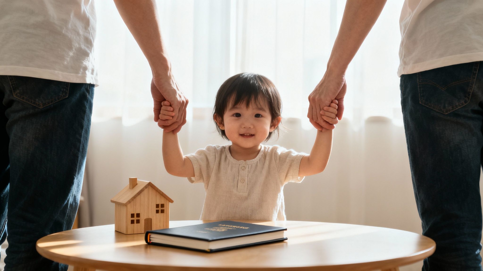 Niño sonriente de la mano con padres, casa de madera y libro sobre mesa.
