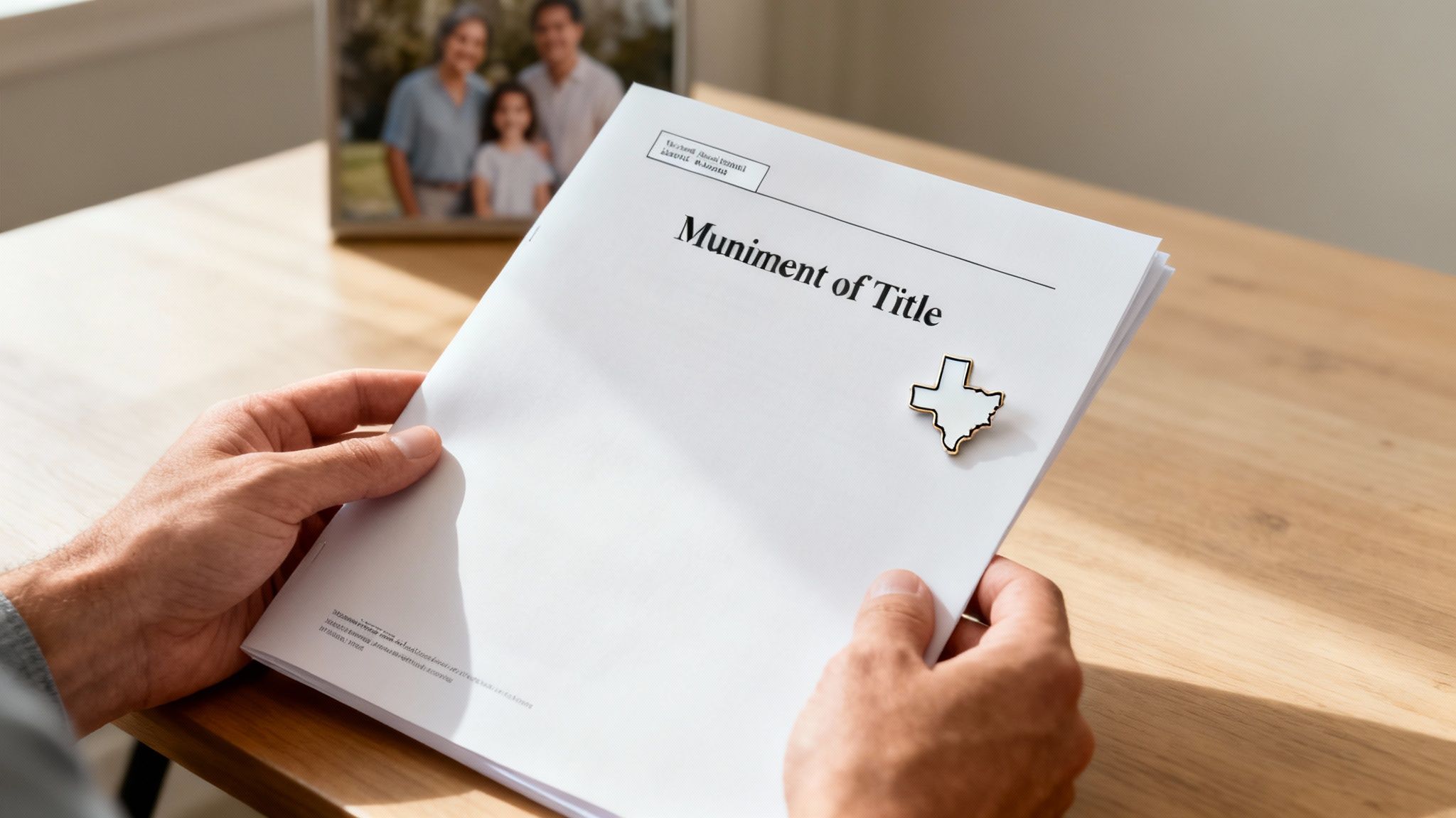 Close-up of hands holding a 'Muniment of Title' document with a Texas pin, family photo in background.