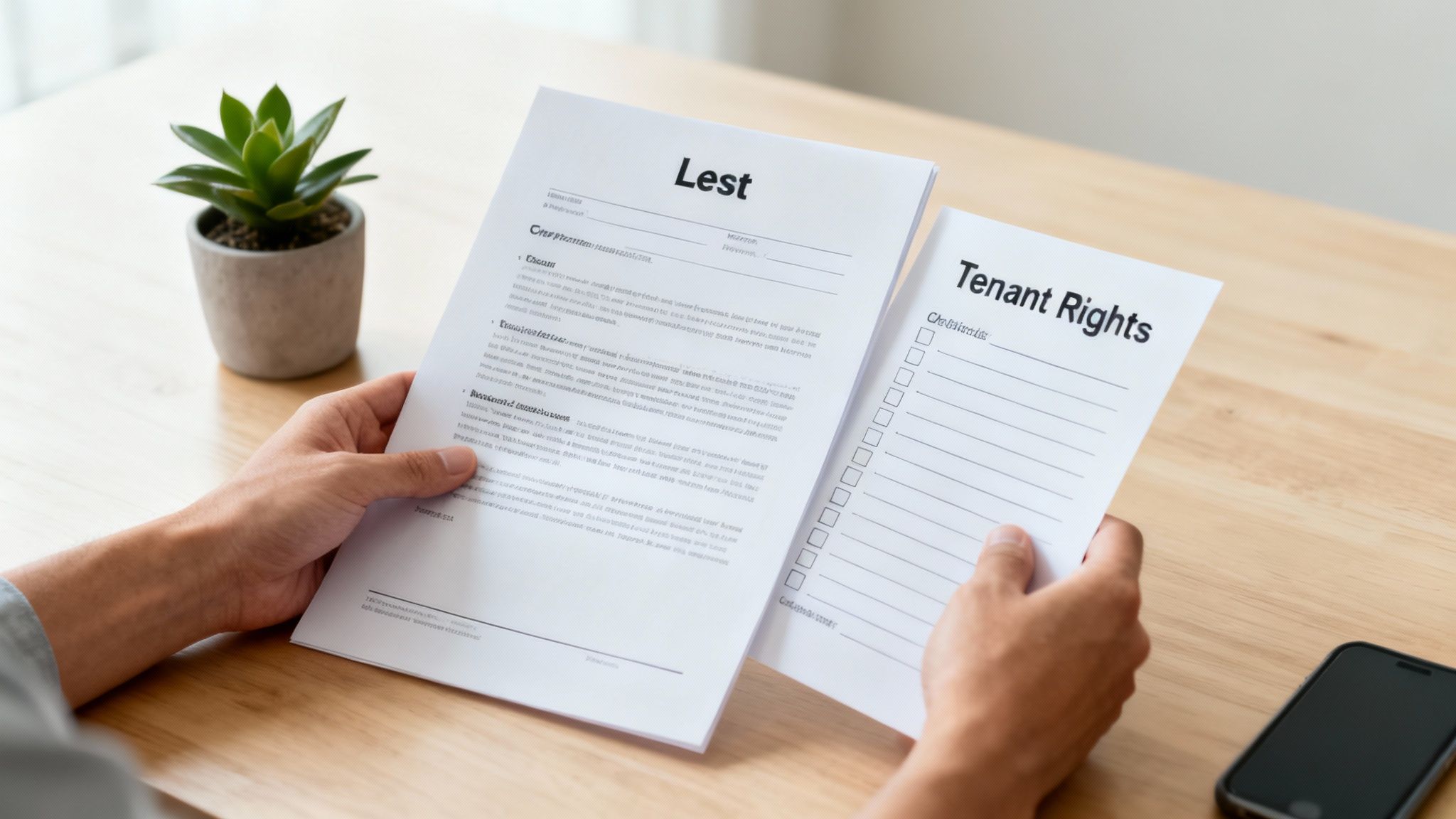 Hands holding documents titled "Lest" and "Tenant Rights," with a small potted plant on a wooden table, symbolizing tenant rights and legal support in eviction cases.