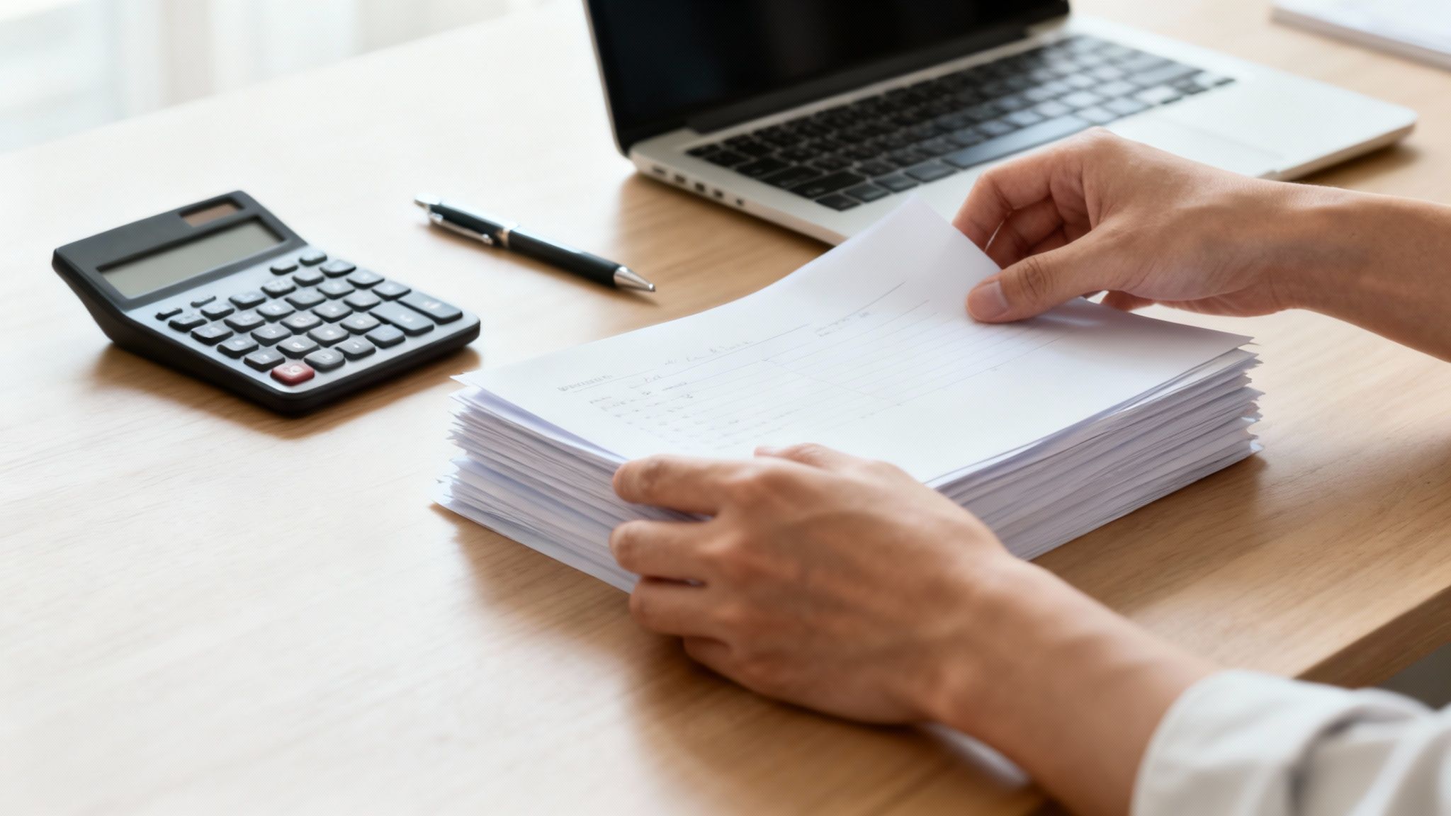 Close-up of hands sorting a stack of documents on a desk with a calculator and laptop.