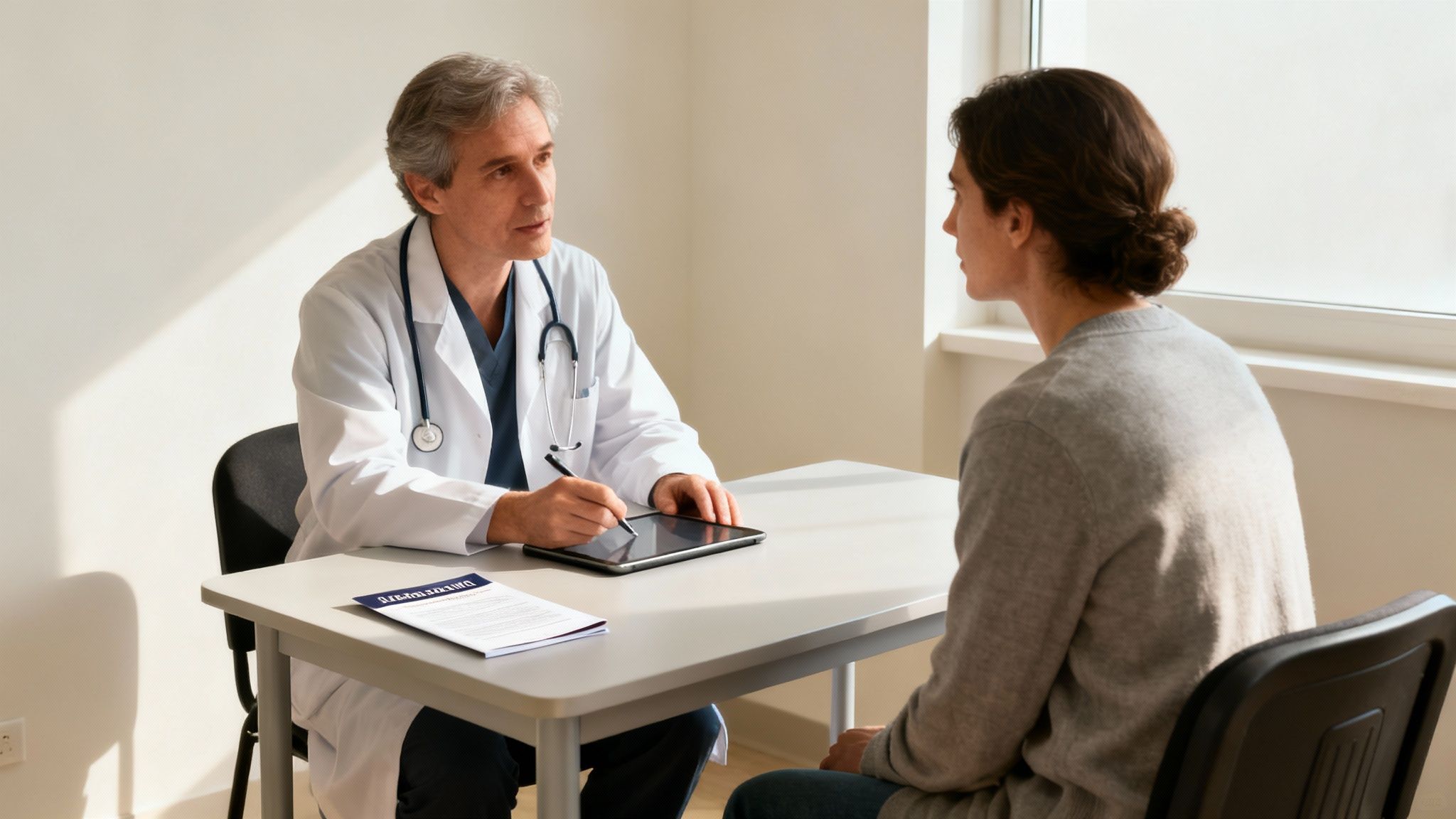 A male doctor in a white coat consults with a female patient, taking notes on a tablet.