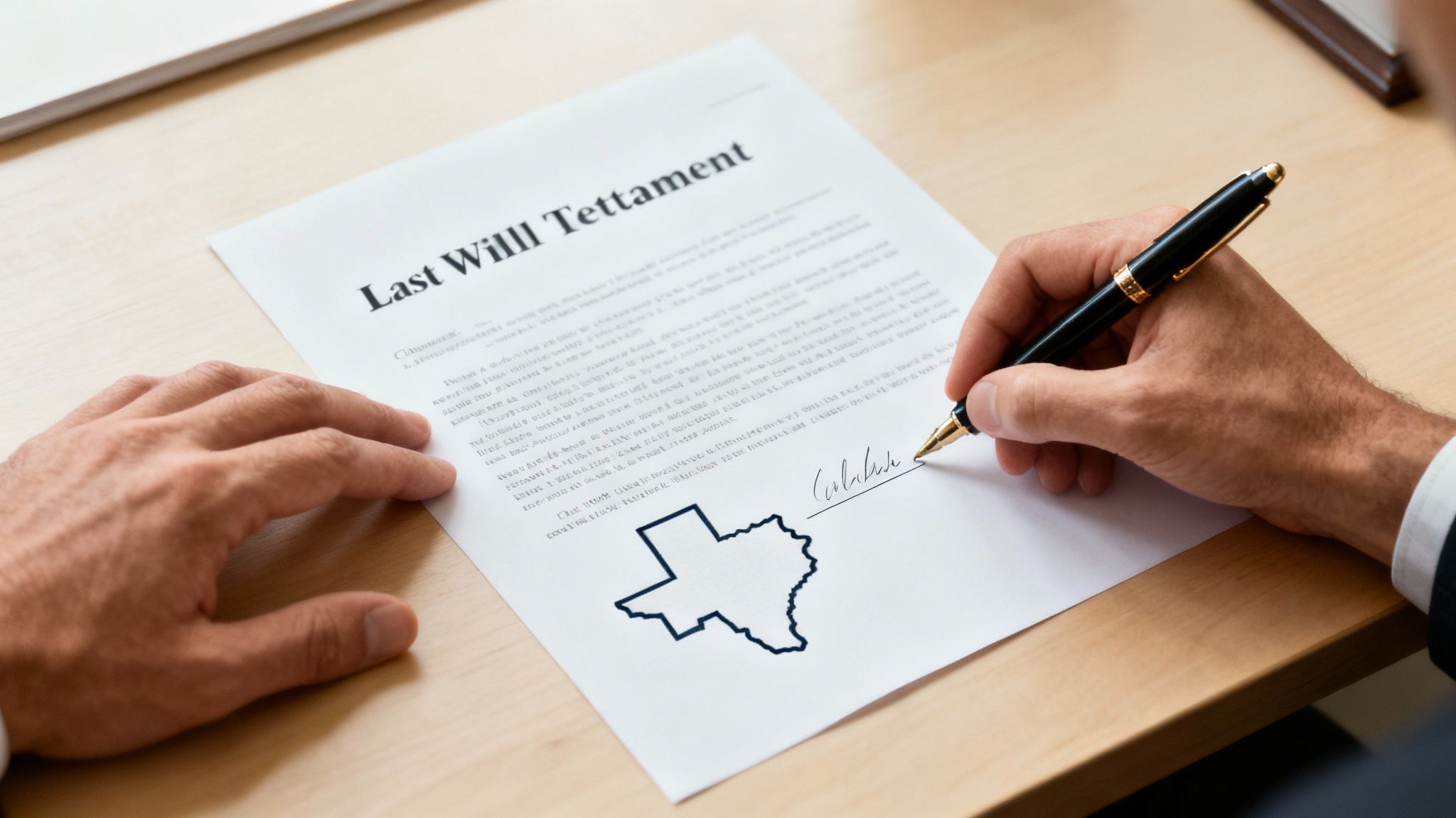 A person's hand signing a Last Will document with a pen, featuring a state map.