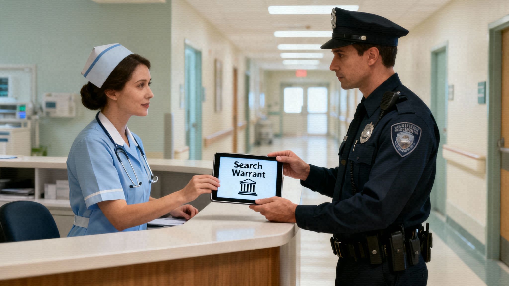 A police officer shows a digital search warrant on a tablet to a nurse at a hospital desk.