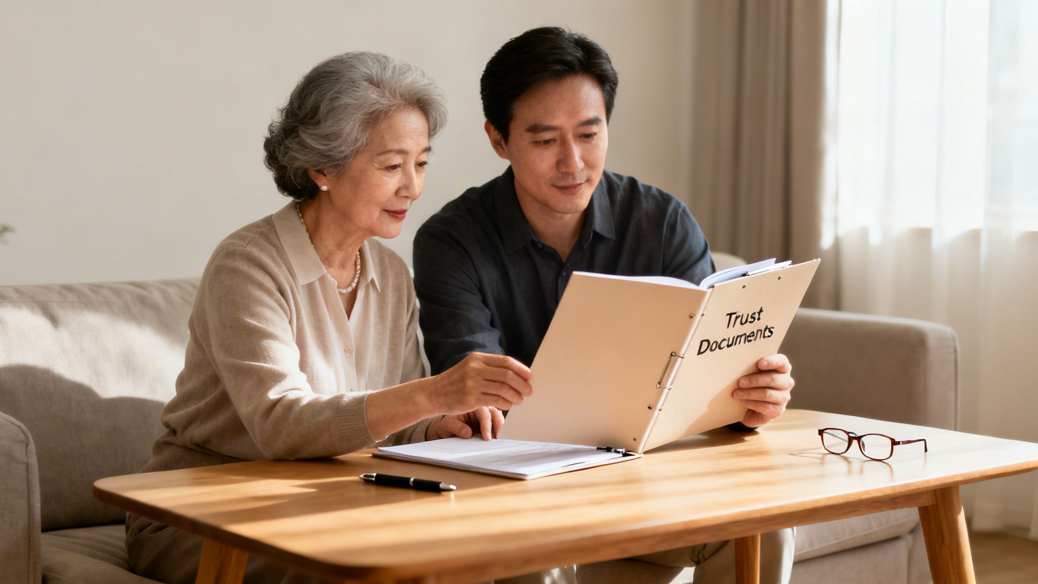 An elderly woman and a man review 'Trust Documents' together at a table, discussing estate planning.