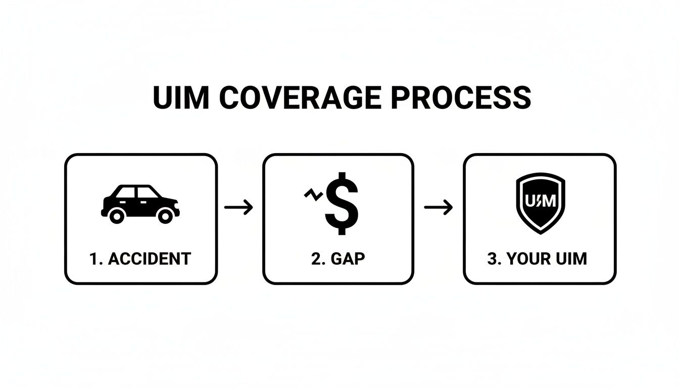 Flowchart illustrating the UIM (Underinsured Motorist) coverage process, detailing steps from accident to addressing financial gaps with UIM.