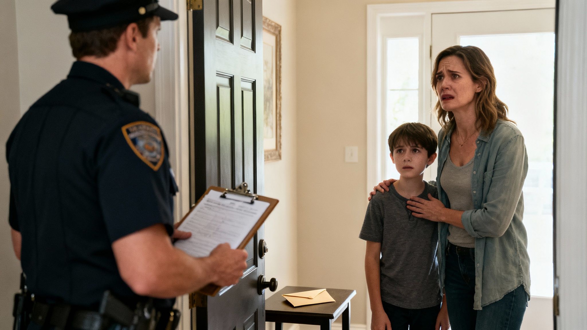 A police officer holding a clipboard speaks to a distressed woman and a young boy at their doorway.