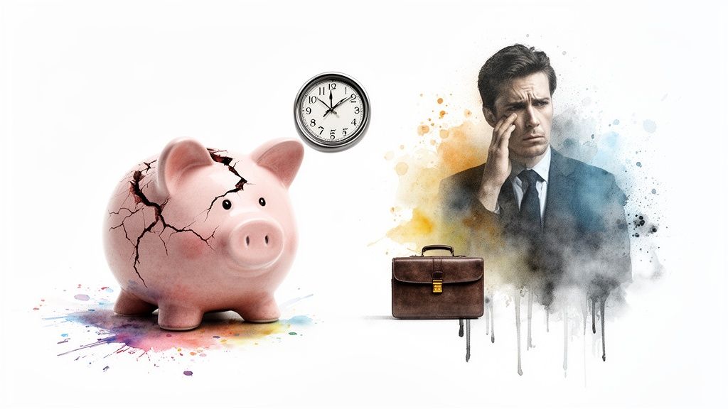 A cracked pink piggy bank, a clock, and a stressed businessman with a briefcase, symbolizing financial distress and time pressure.