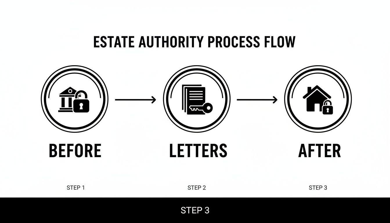 Estate authority process flow diagram illustrating steps before obtaining Letters Testamentary, featuring icons for a courthouse, legal documents with a key, and a secured home, emphasizing the transition from estate management to distribution.