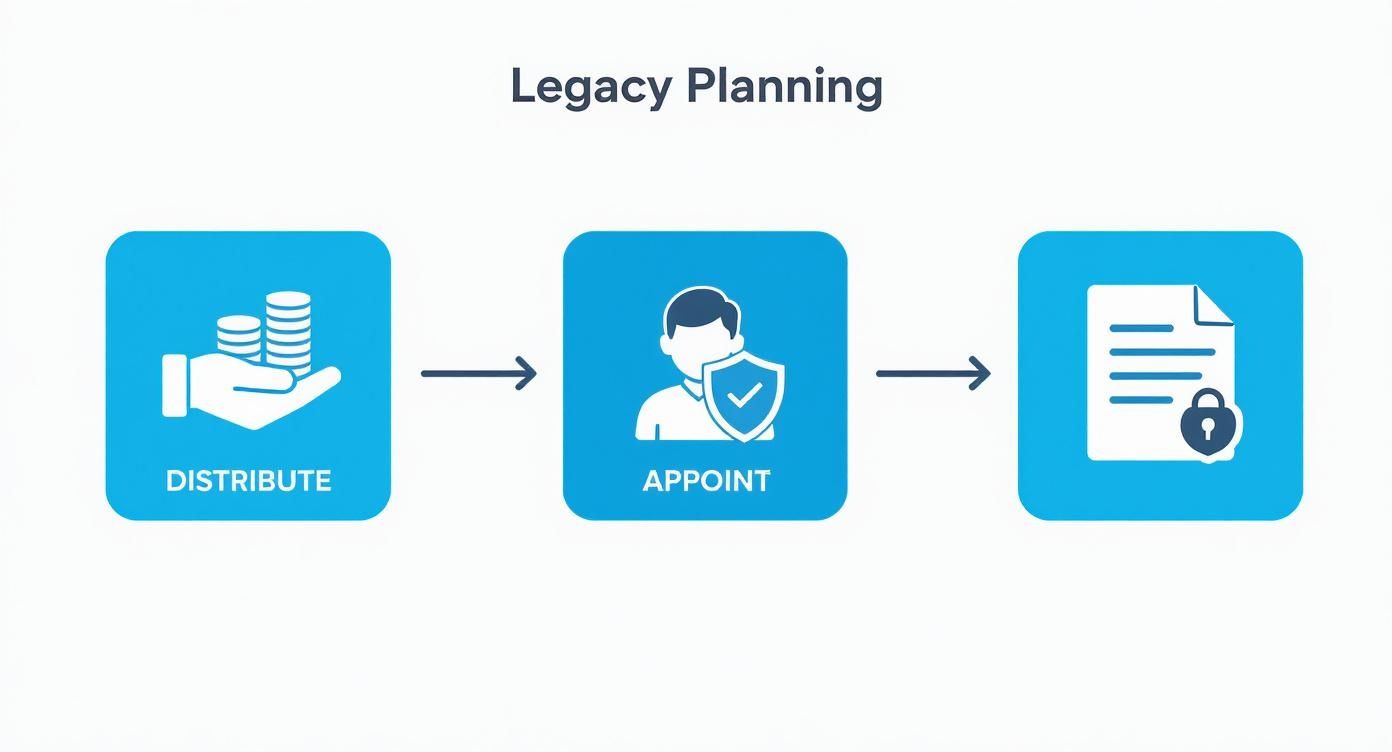 Legacy planning graphic illustrating key steps: distribute assets, appoint trusted individuals, and secure legal documentation for estate planning in Texas.