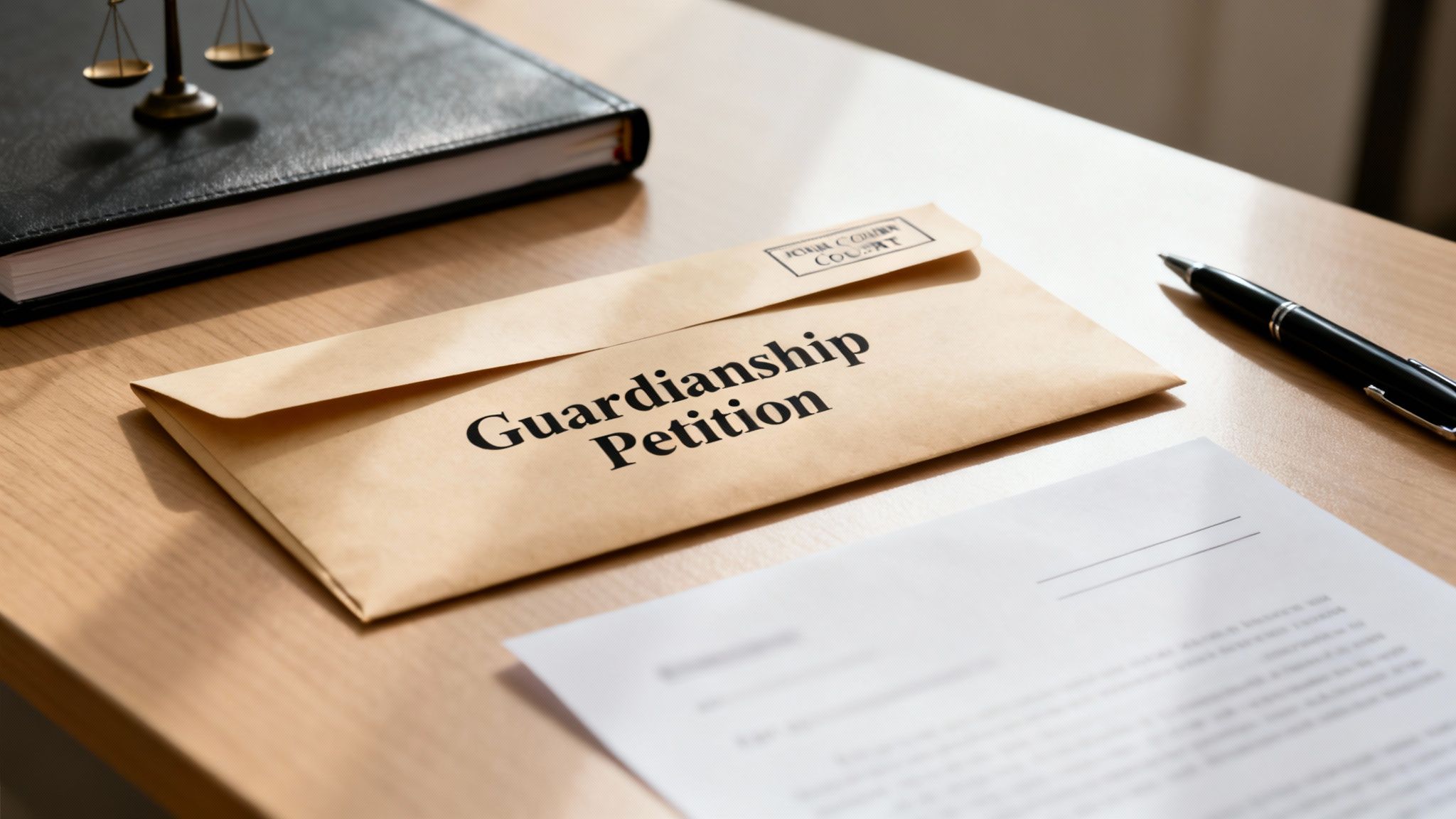 A 'Guardianship Petition' envelope lies on a wooden desk with a law book and scales of justice.