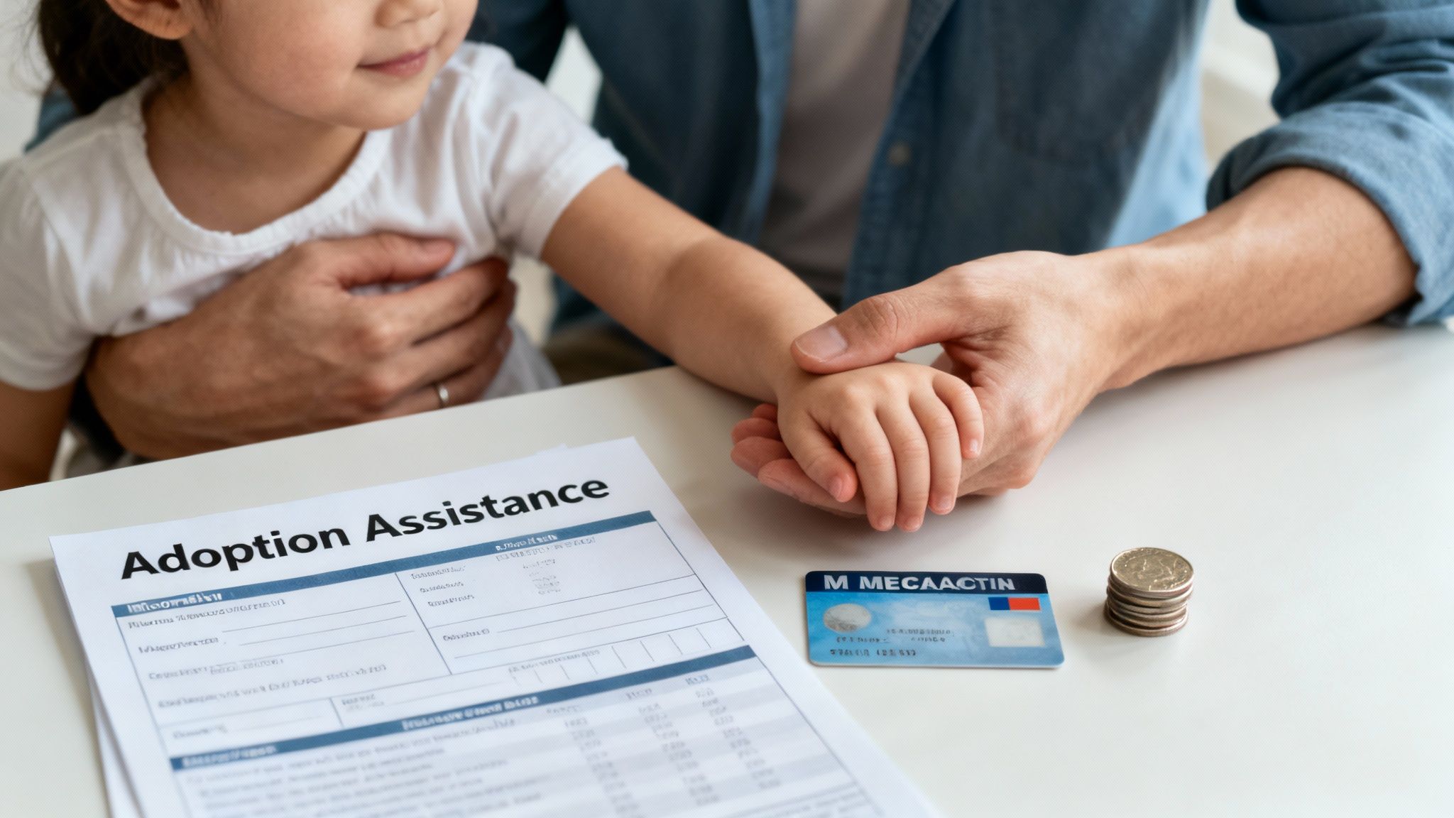 Family reviewing adoption assistance paperwork with insurance card and coins on table