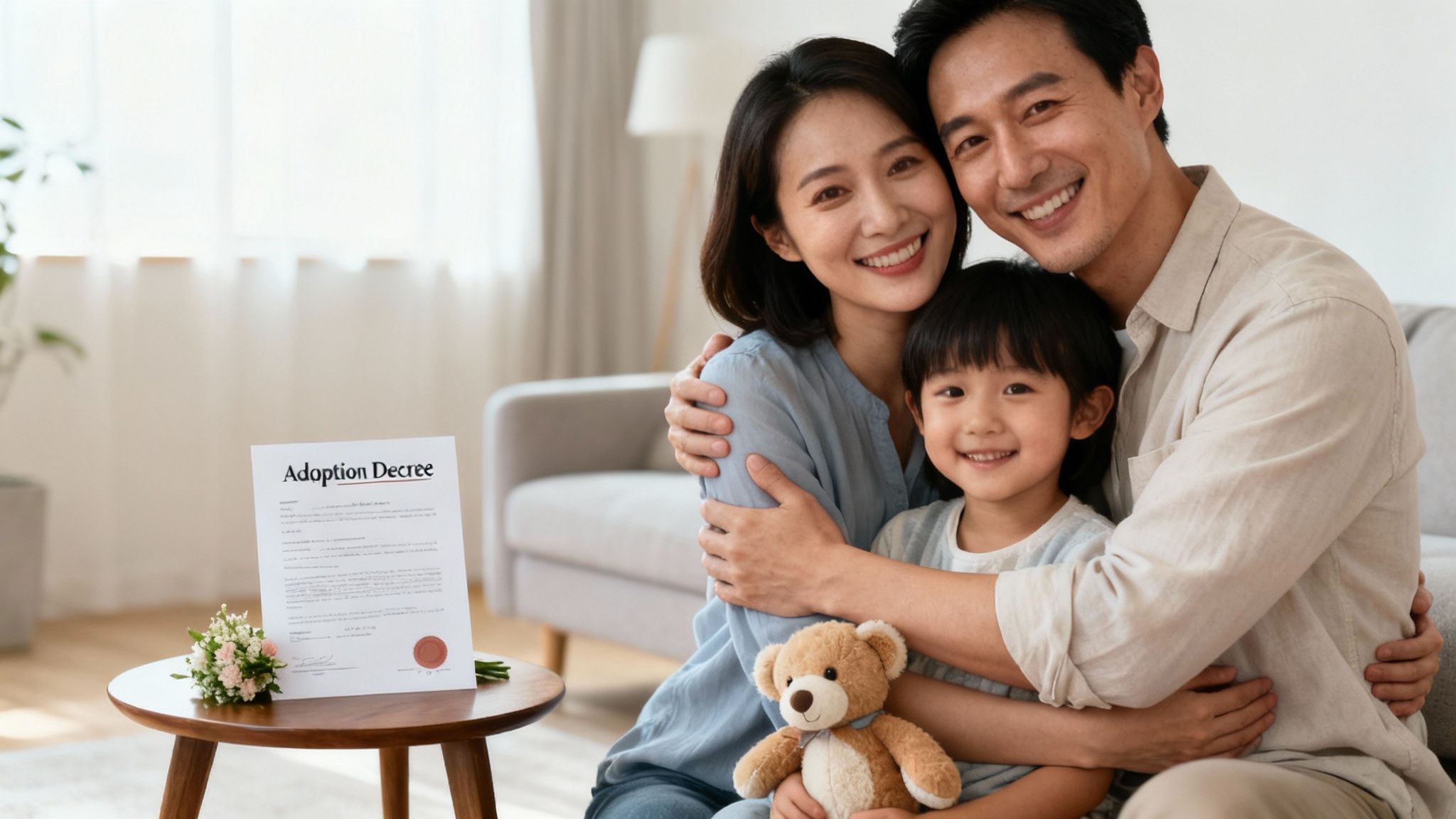 A happy Asian family, father, mother, and child, embracing on a couch, with an adoption decree nearby.