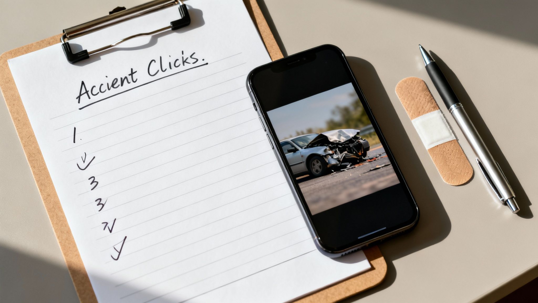 A clipboard with "Accident Clicks" checklist, a smartphone showing a car accident, a band-aid, and a pen.