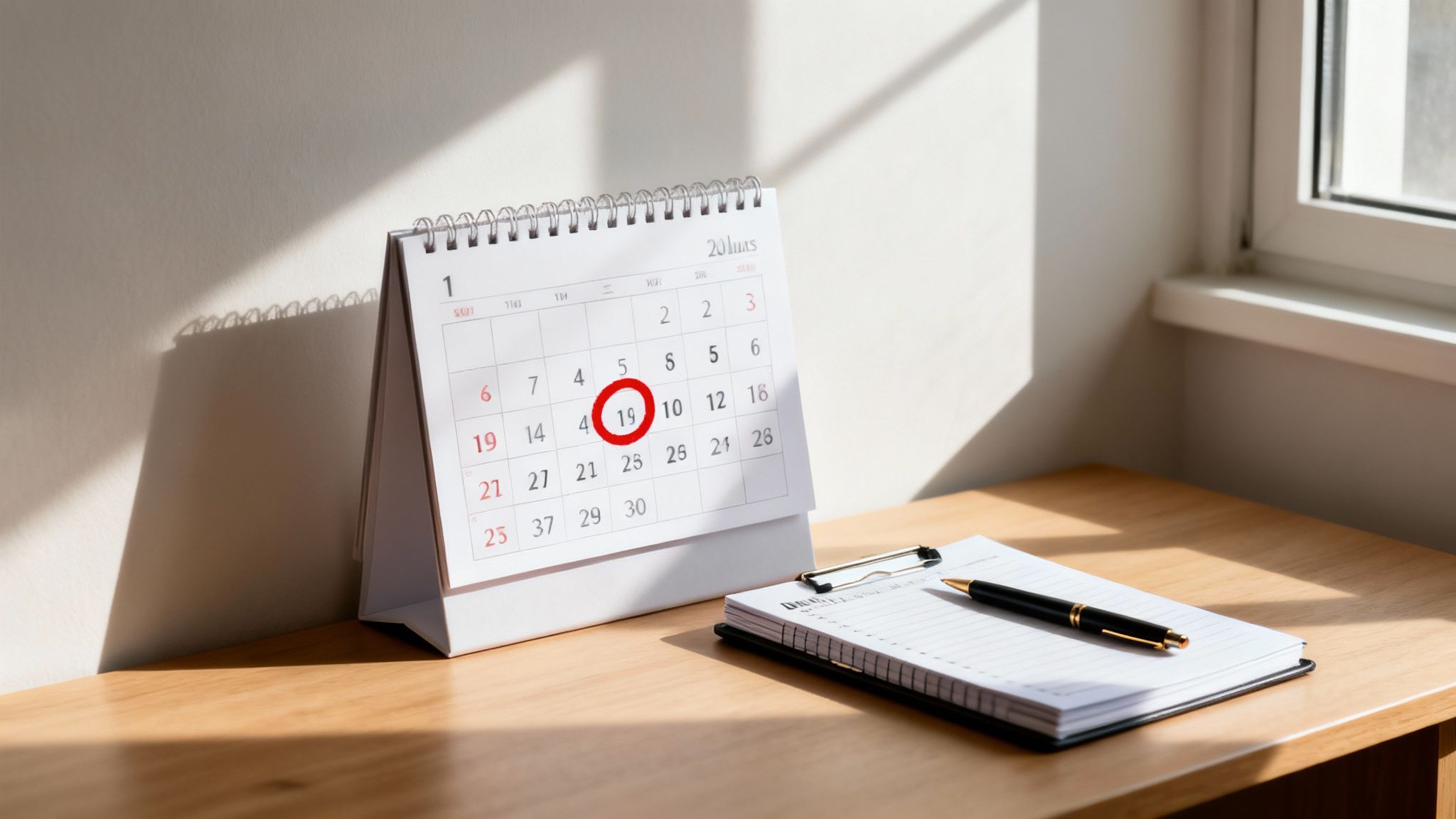 Desk calendar with a circled date (15) on a wooden desk, next to a notepad and pen.