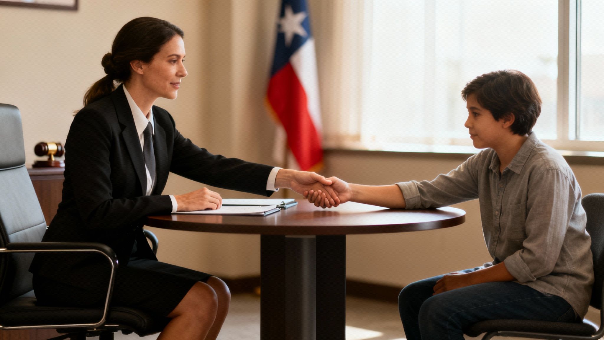 A legal professional reassuringly discusses case details with a client in a modern office.