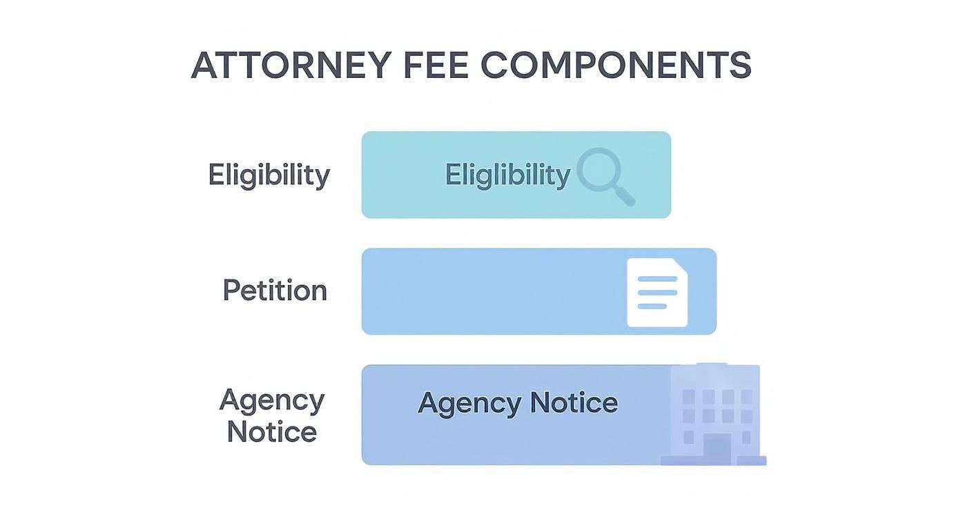 Infographic illustrating attorney fee components for expungement, featuring sections on Eligibility, Petition, and Agency Notice, with relevant icons for each category.