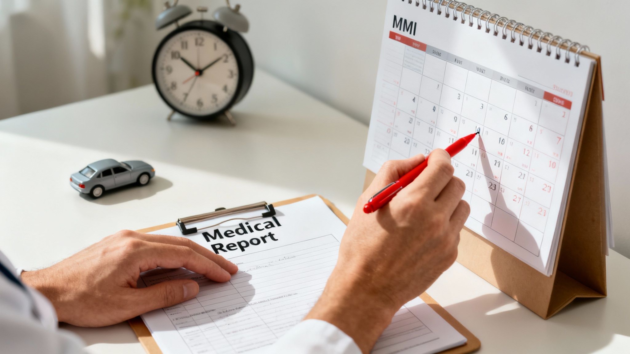 A person's hand marks a date on a calendar next to a 'Medical Report' and toy car.