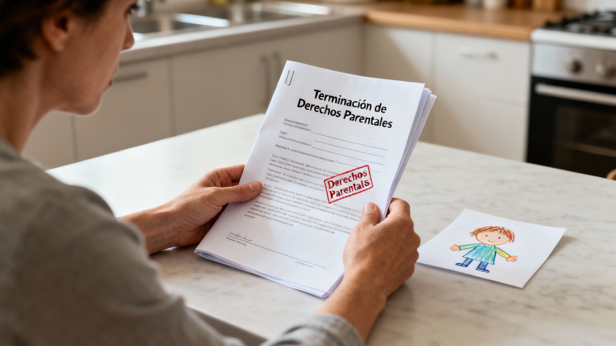 Mujer leyendo documento de terminación de derechos parentales, con un dibujo infantil al lado.