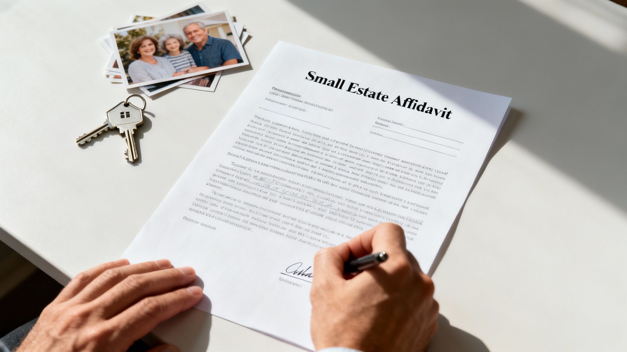 A person signs a 'Small Estate Affidavit' document, with house keys and family photos nearby, symbolizing estate planning.