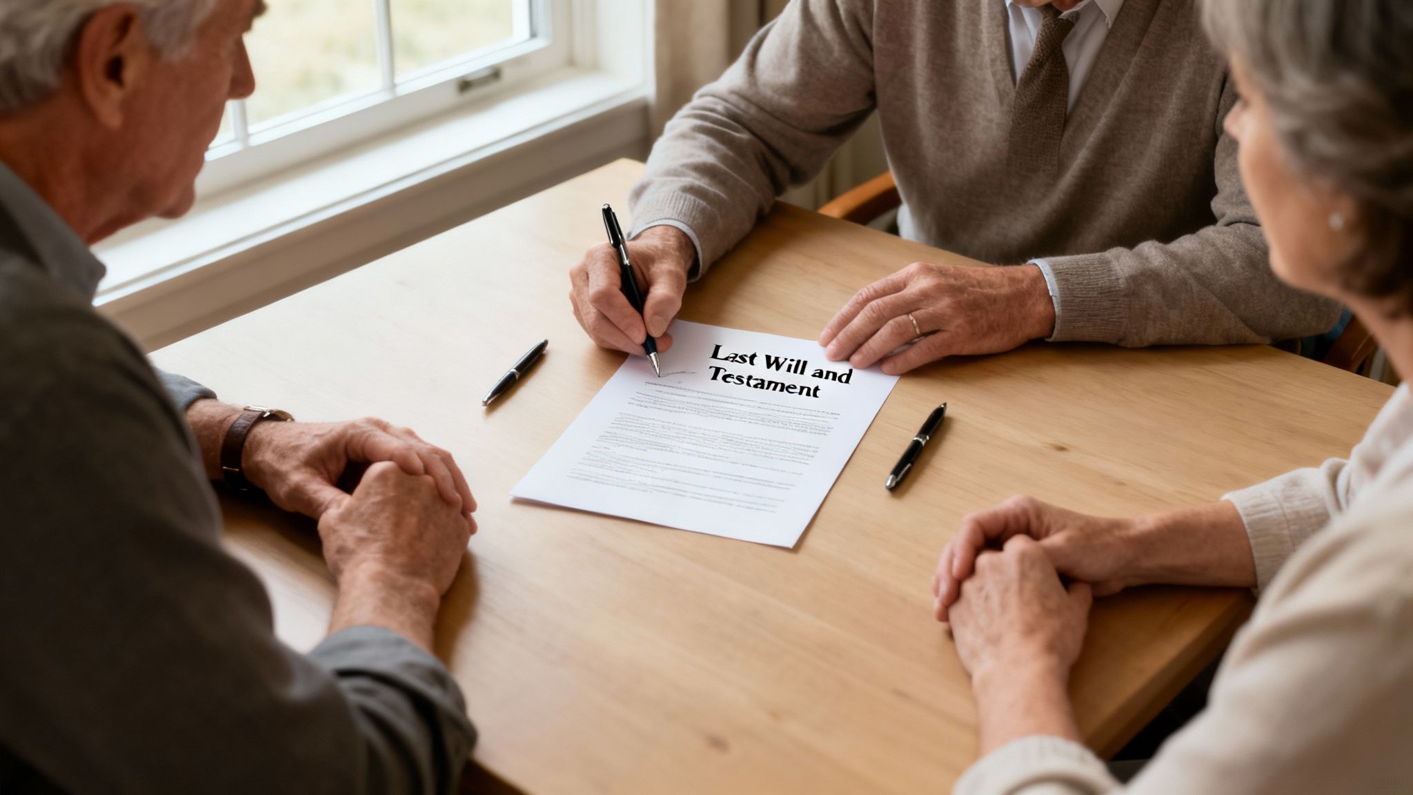 Elderly man signing a Last Will and Testament document at a wooden table, witnessed by two other seniors.