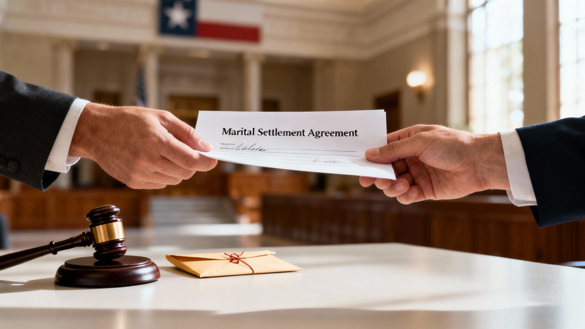 A judge's gavel resting on top of a signed legal document, symbolizing the finality of a divorce decree.