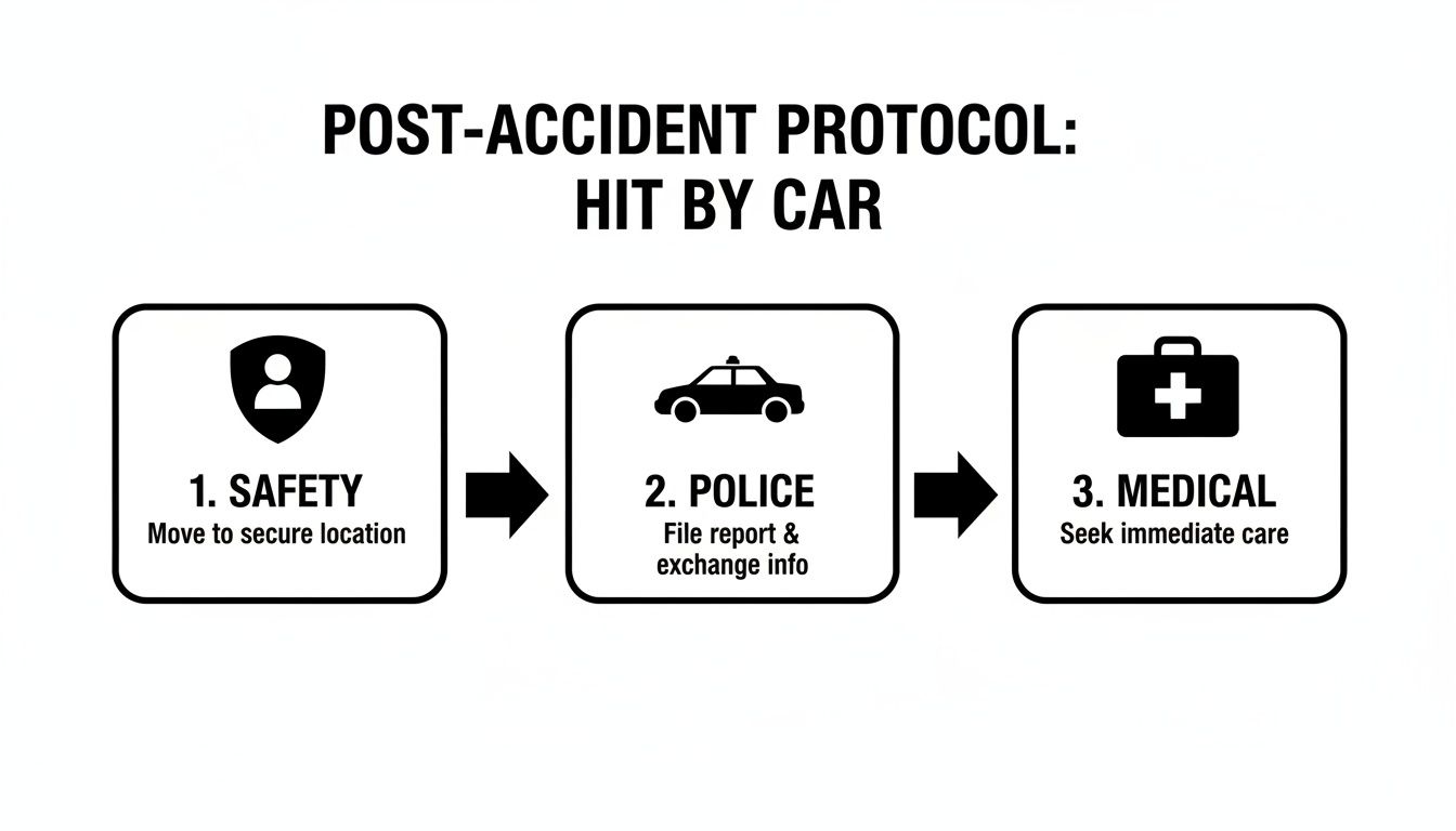 Flowchart outlining the post-accident protocol for being hit by a car: safety, police report, and medical care.