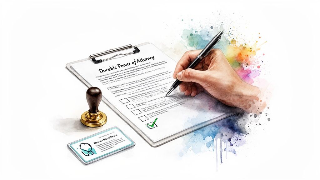 Hand writing on a Durable Power of Attorney document with a checklist, a rubber stamp, and a medical certification card, symbolizing estate planning and legal authority for families in Humble, Texas.