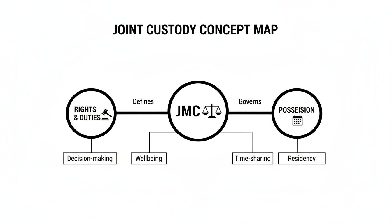 Joint custody concept map illustrating rights and duties, decision-making, wellbeing, time-sharing, residency, and Joint Managing Conservatorship (JMC) in Texas family law.