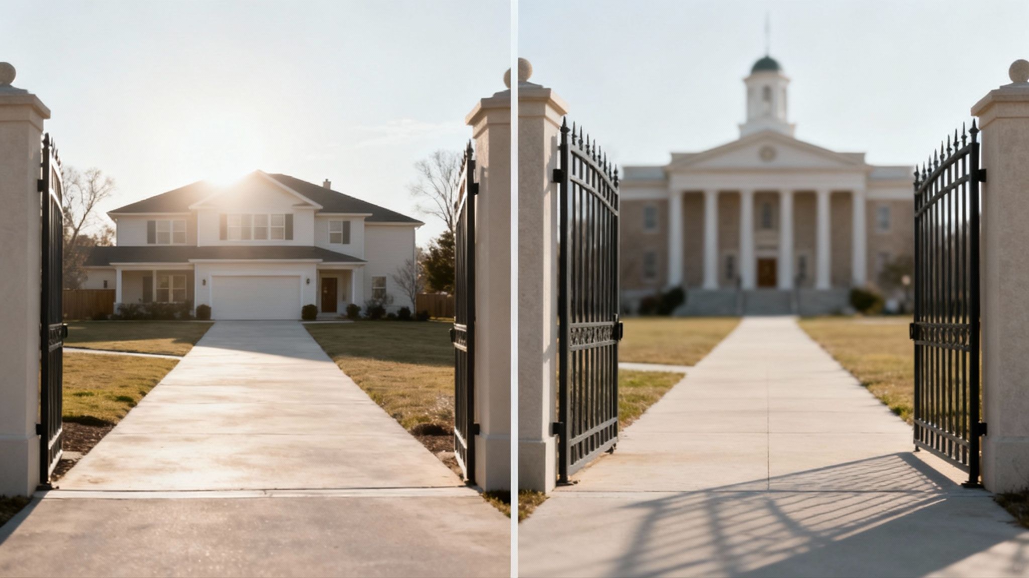House and courthouse entrance with sun in background, symbolizing probate process and legal administration in Texas.