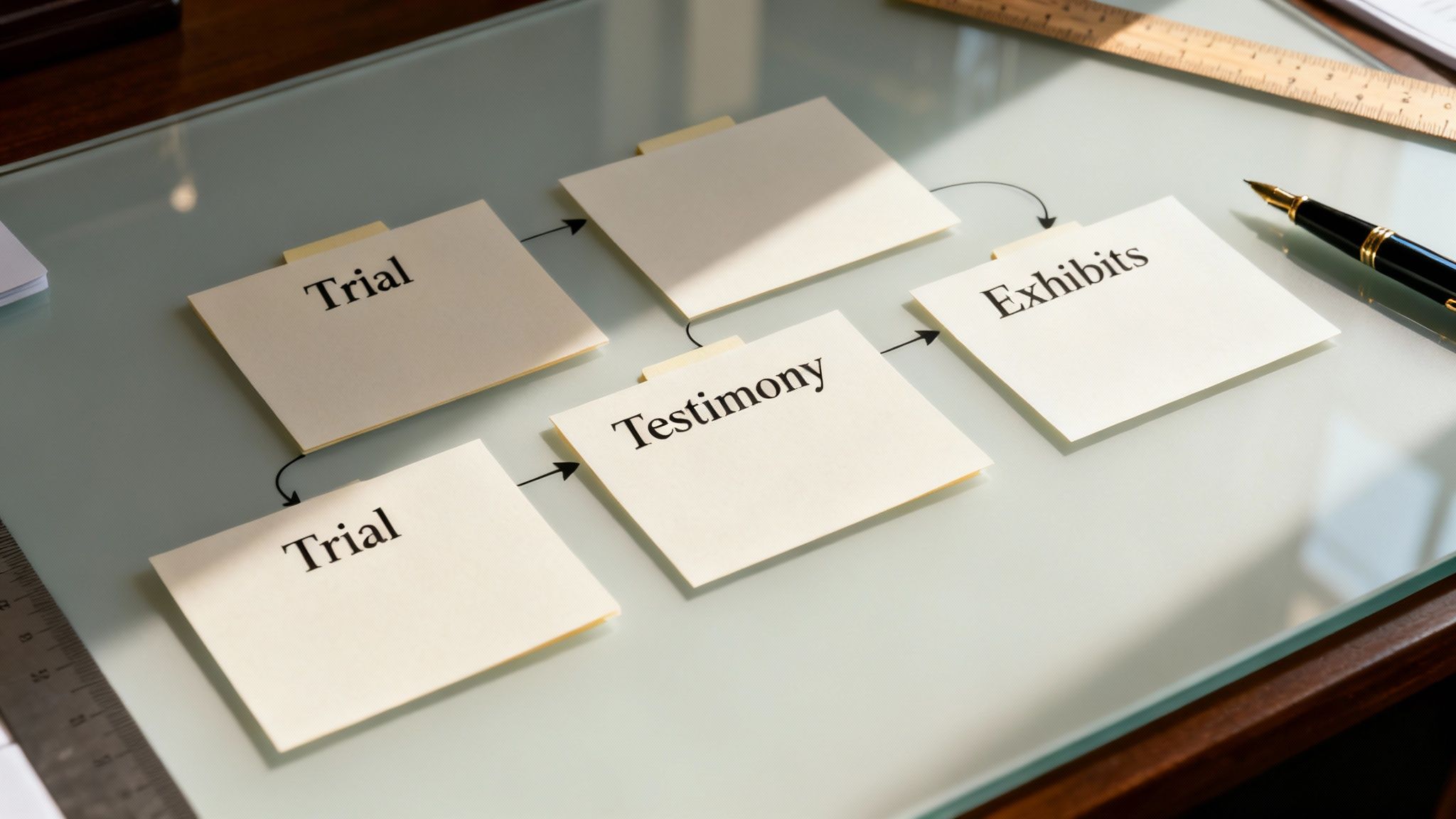 A flowchart diagram on a glass desk illustrating legal process steps: Trial, Testimony, and Exhibits.