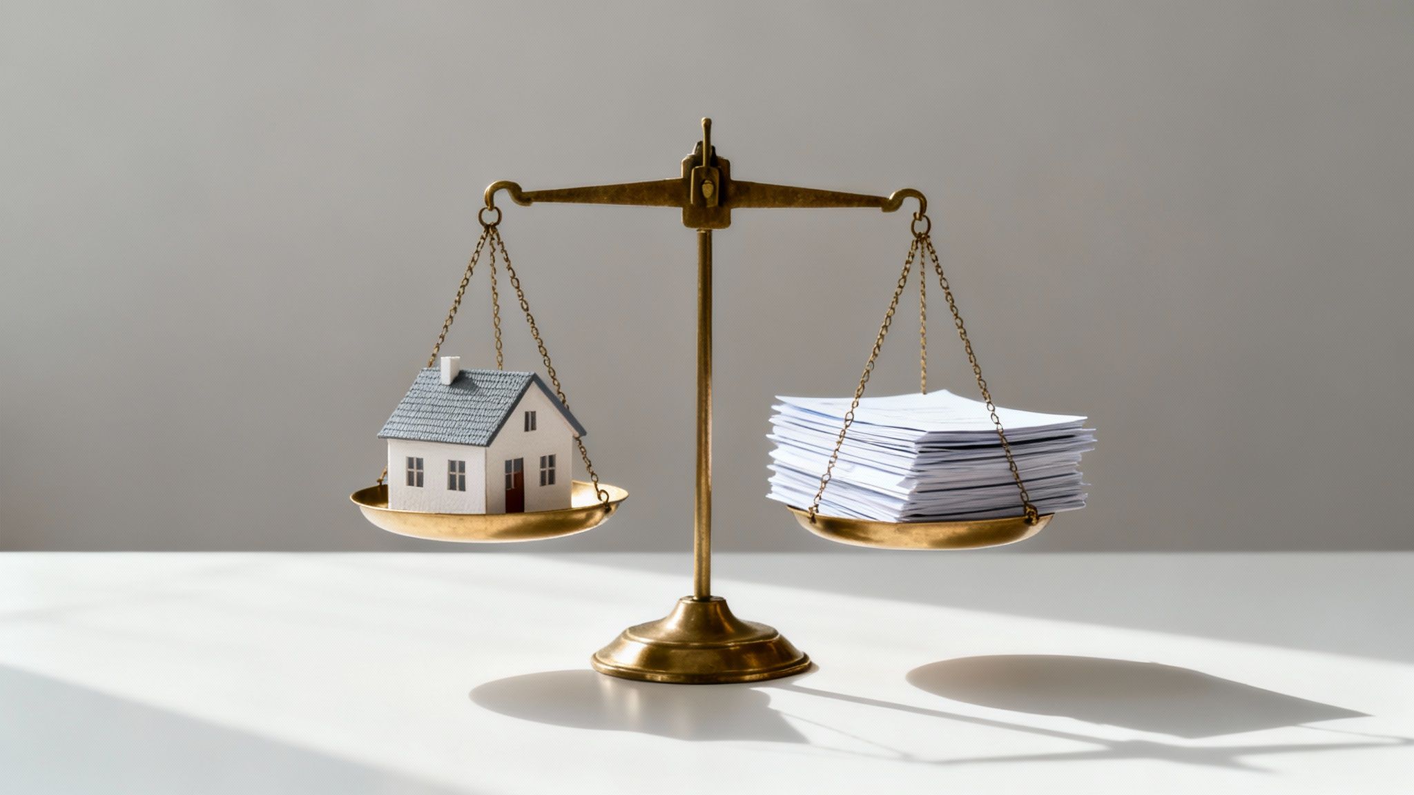 A balanced brass scale shows a miniature house on one pan and a stack of documents on the other.