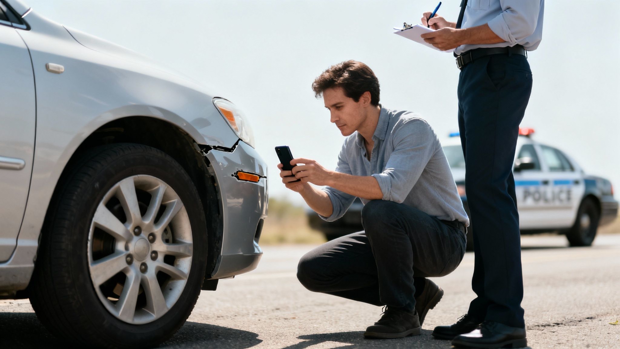 A man takes a photo of a damaged car with his phone while a police officer writes a report.
