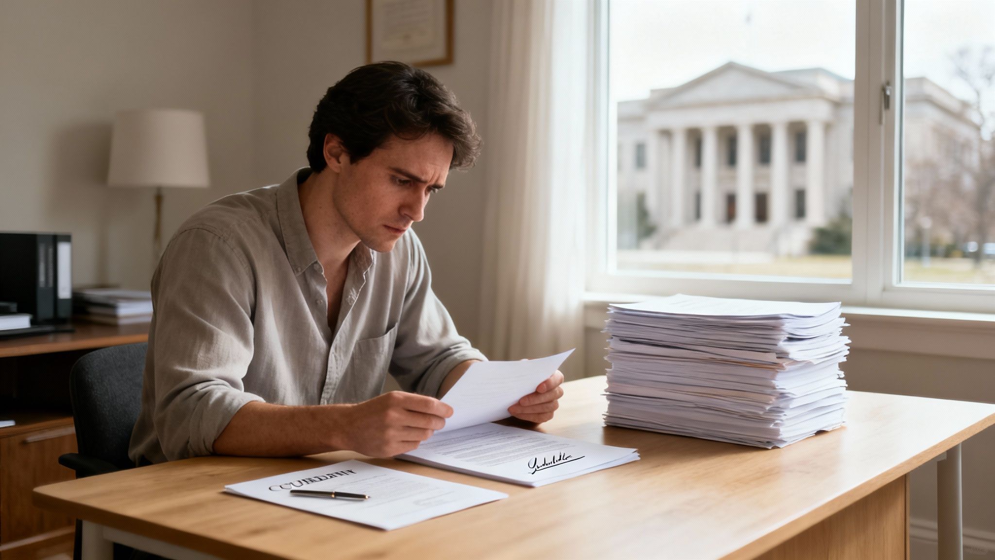 A serious man reviewing legal documents at a desk with a large stack of papers.