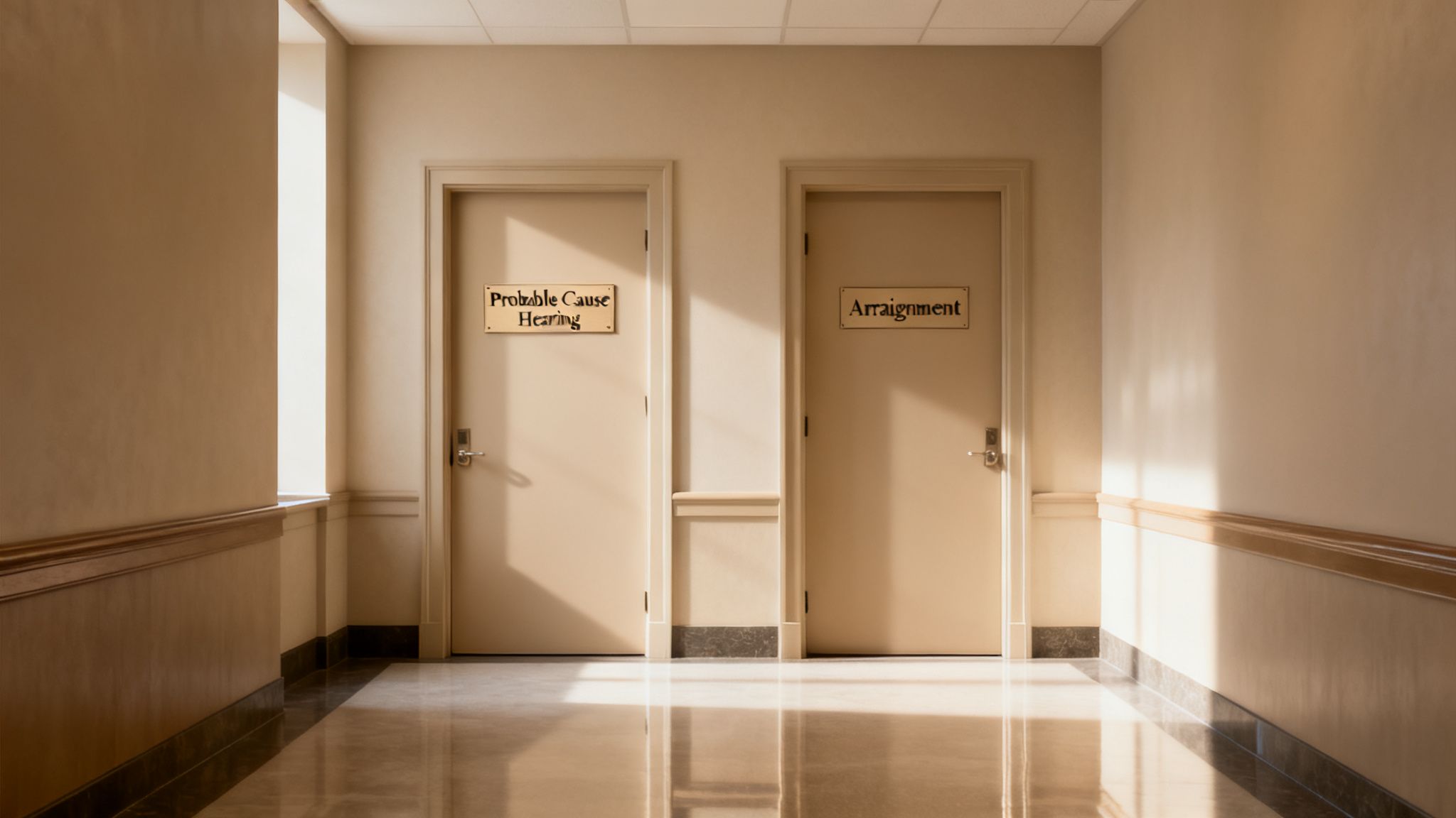 Two doors in a courthouse hallway, one labeled 'Probable Cause Hearing' and the other 'Arraignment'.
