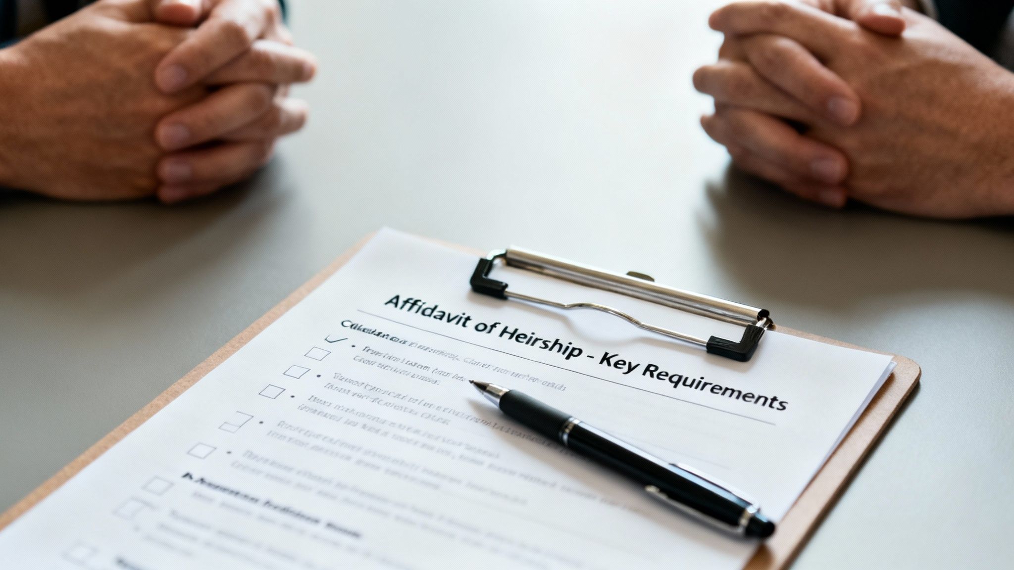 A close-up of an 'Affidavit of Heirship' document on a clipboard with a pen, hands in background.