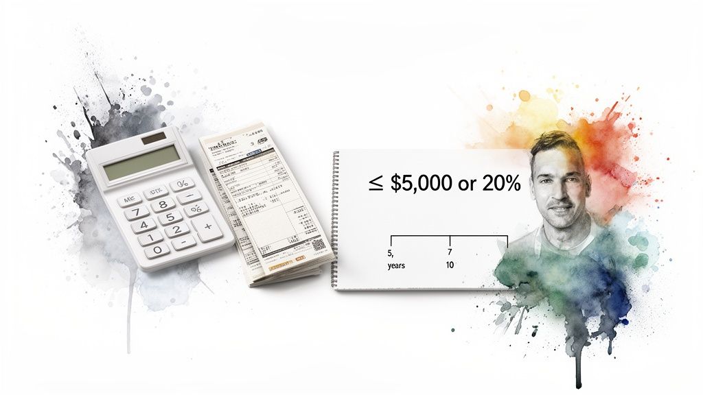 A calculator, receipts, and a notebook with financial figures next to a smiling man's portrait with watercolor splashes.