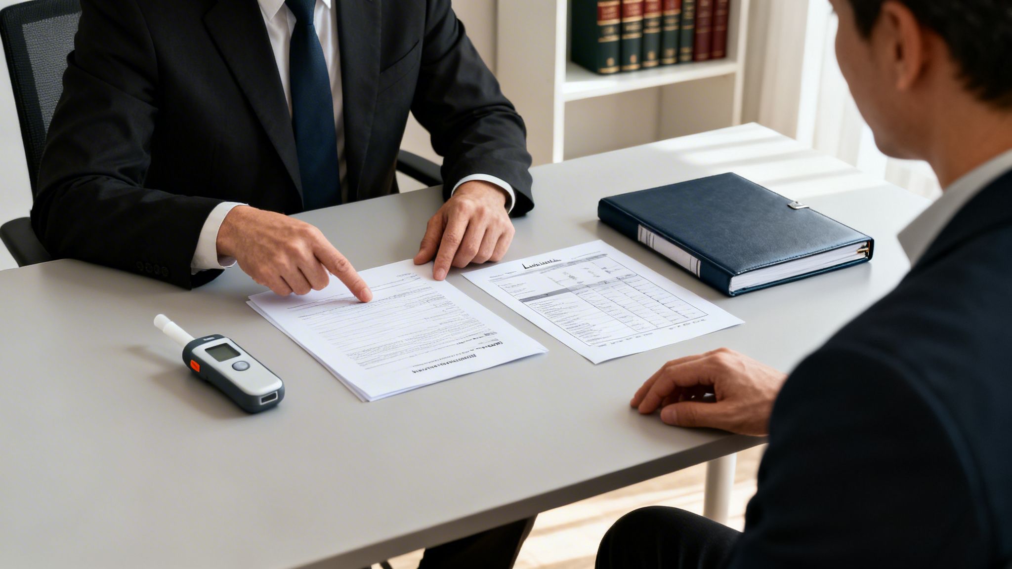 A man in a suit points at a document on a desk with a breathalyzer nearby, consulting another man.