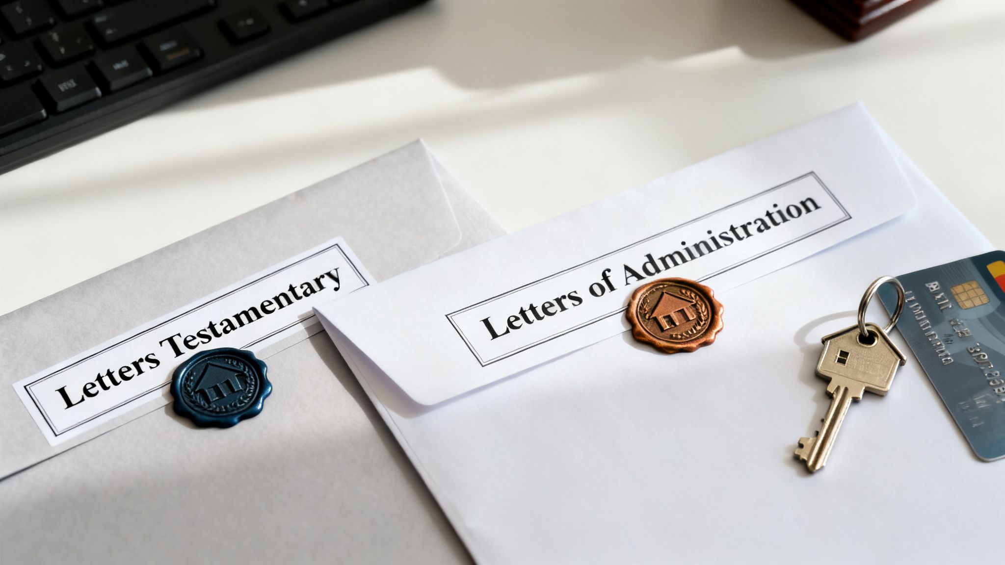 Two legal envelopes, 'Letters Testamentary' and 'Letters of Administration', with house seals, a key, and credit card.