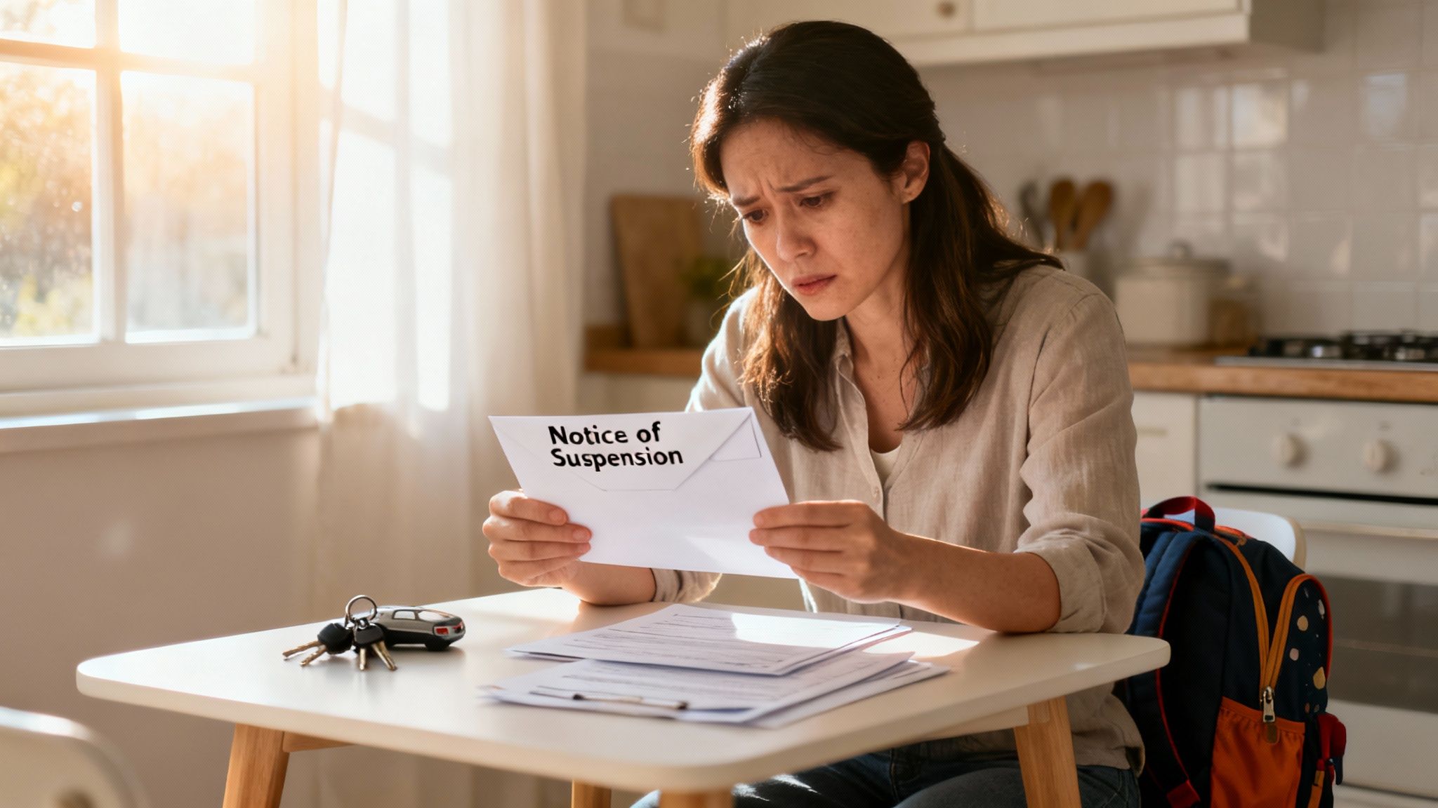 Upset woman reads a "Notice of Suspension" letter at home, car keys nearby.