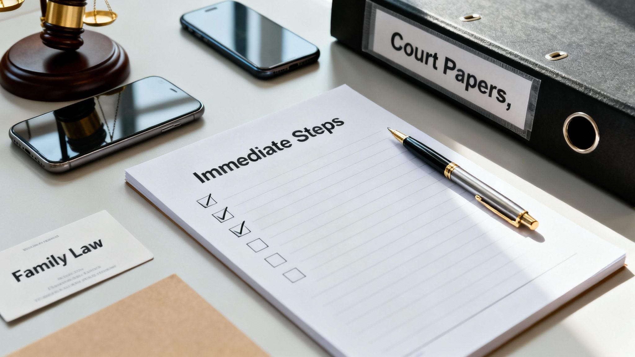 A lawyer's desk with a checklist titled 'Immediate Steps', a folder labeled 'Court Papers', a gavel, and a 'Family Law' business card, symbolizing legal actions.