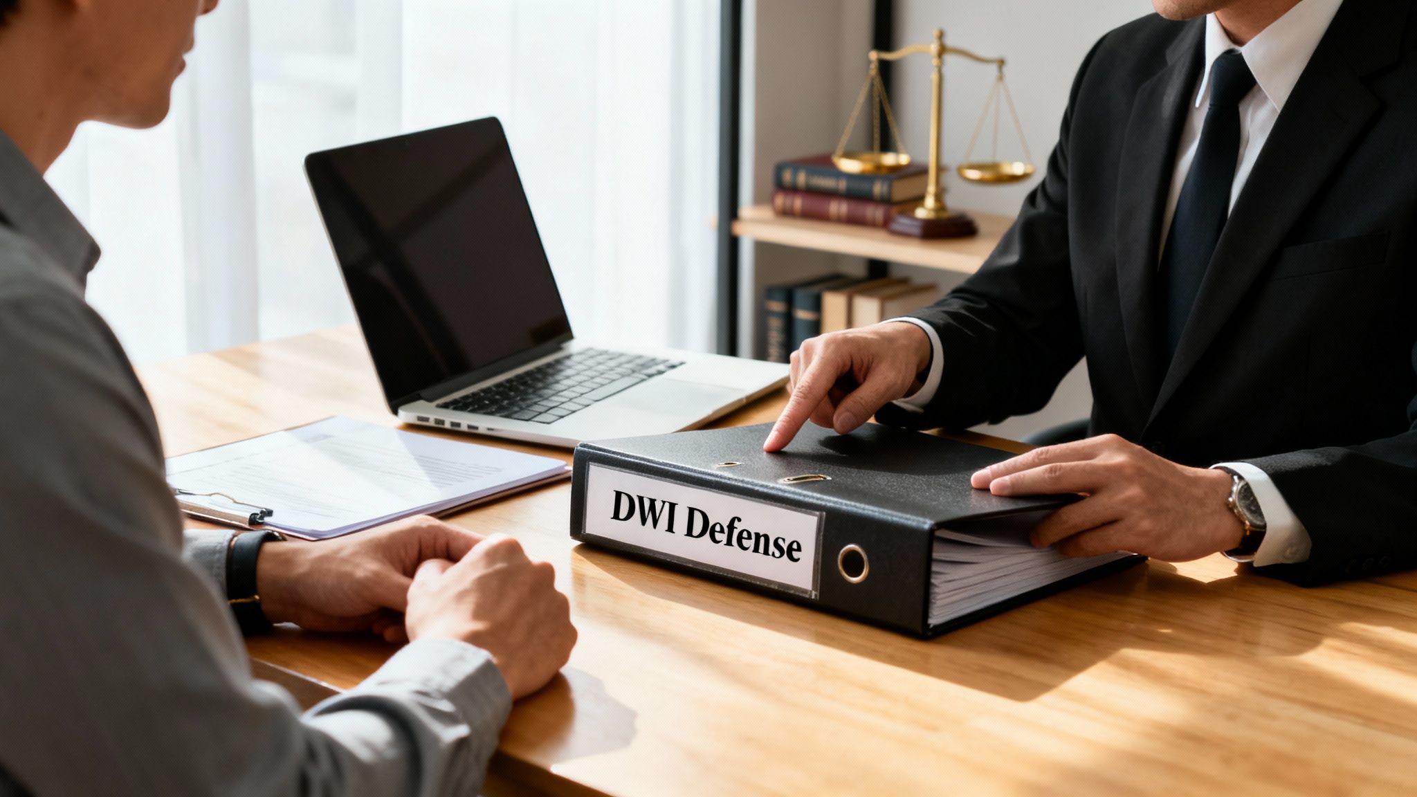 Lawyer discussing DWI defense strategies with a client, featuring a binder labeled "DWI Defense," laptop, and legal books in a professional office setting.