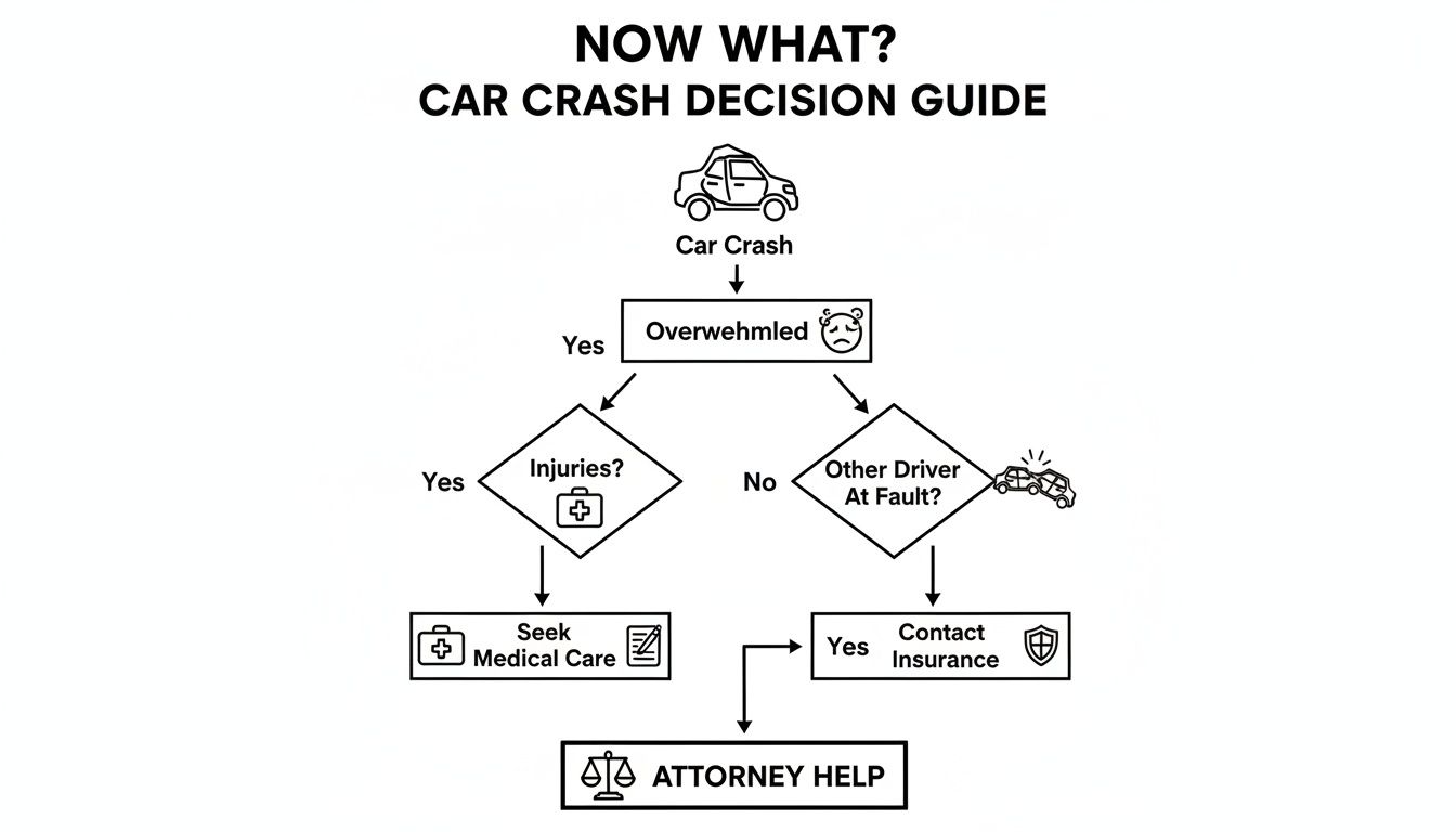Decision guide flowchart outlining steps after a car crash, including medical care and insurance, leading to attorney help.