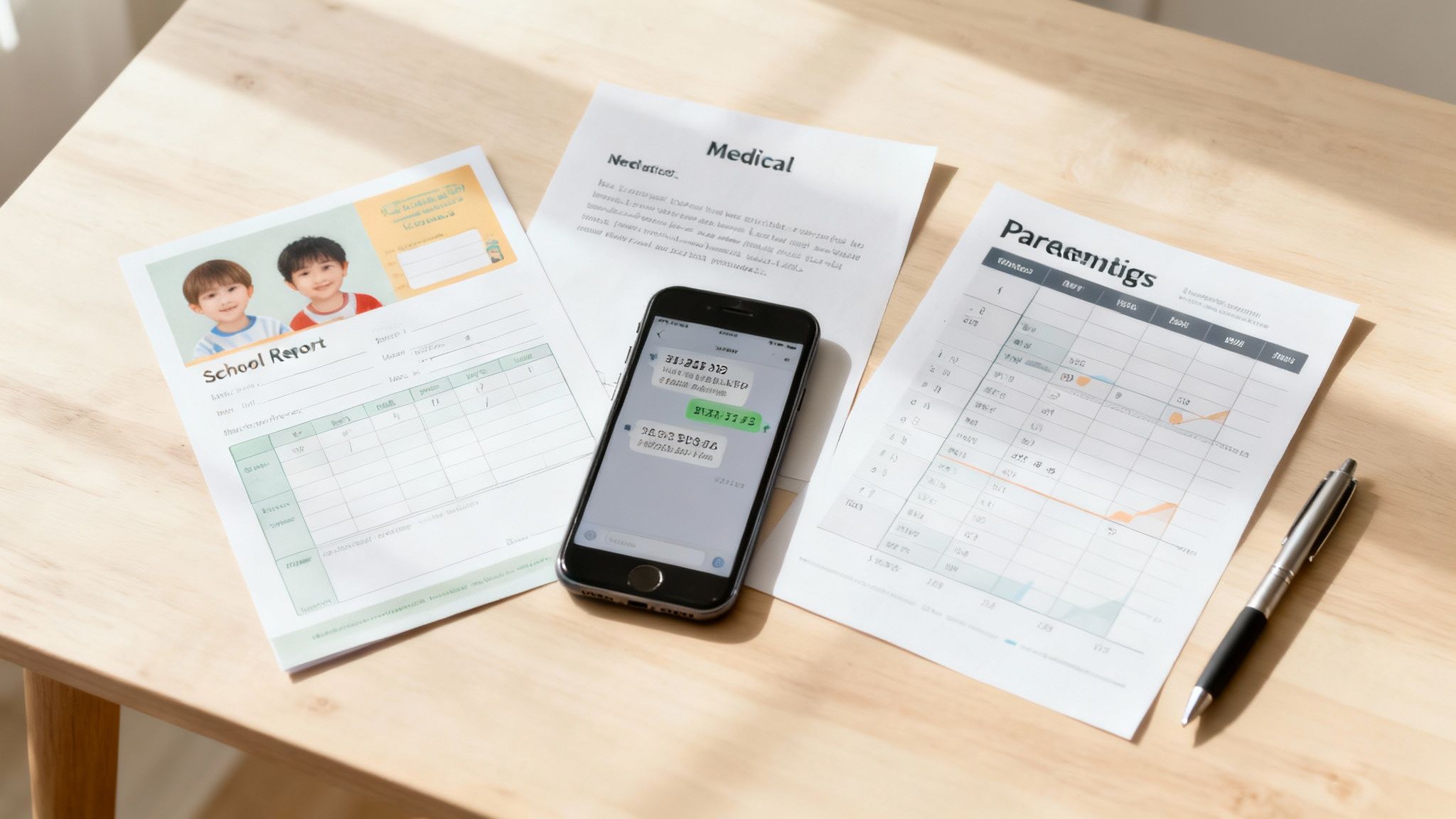 A person organizes papers and documents on a desk, representing the collection of evidence for a legal case.
