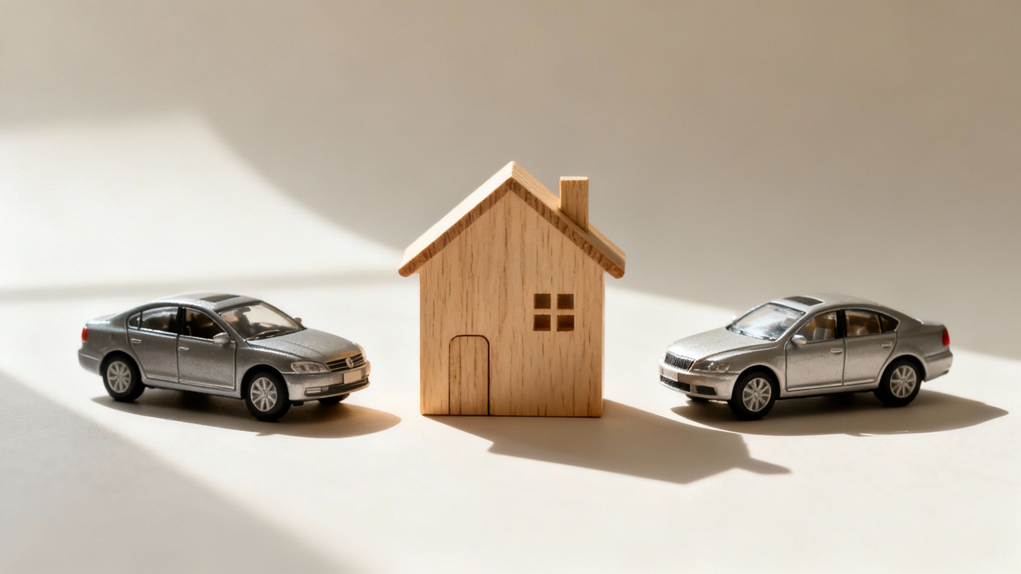 Two silver toy cars flanking a wooden miniature house model on a light, sunlit surface.