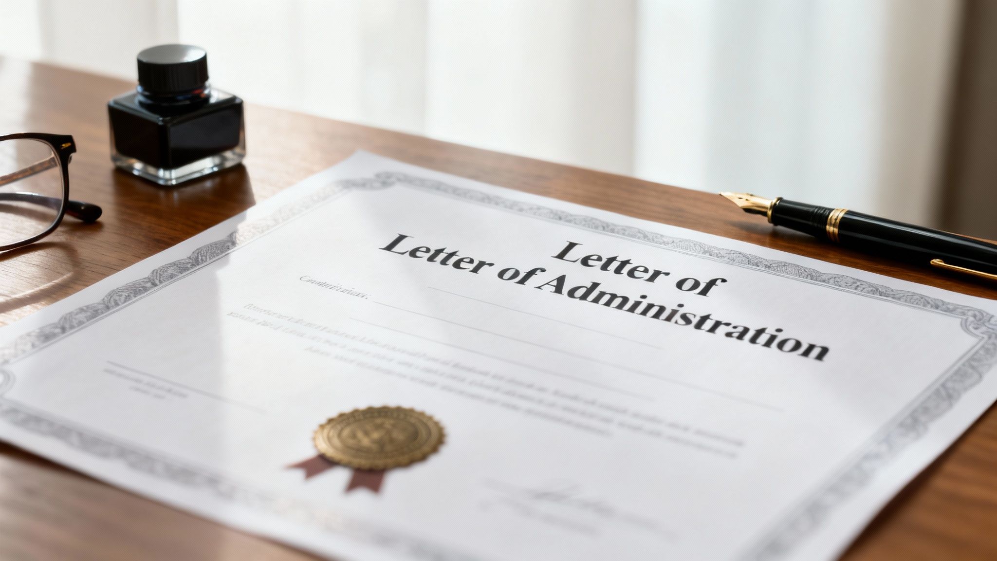 A 'Letter of Administration' document on a wooden desk with a fountain pen, ink, and glasses.