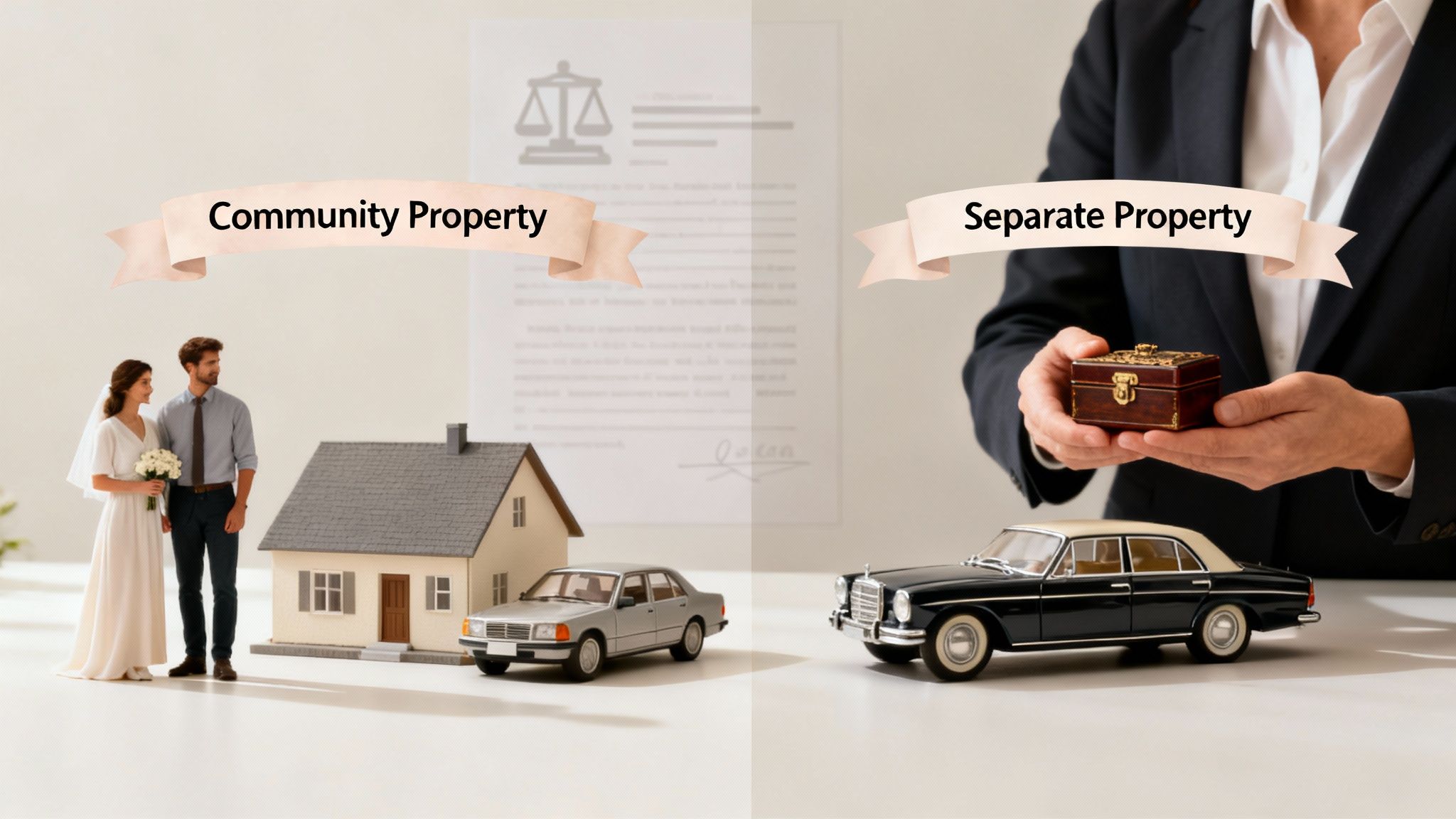 Visual comparison of community property (couple, house, car) and separate property (chest, car) with legal context.