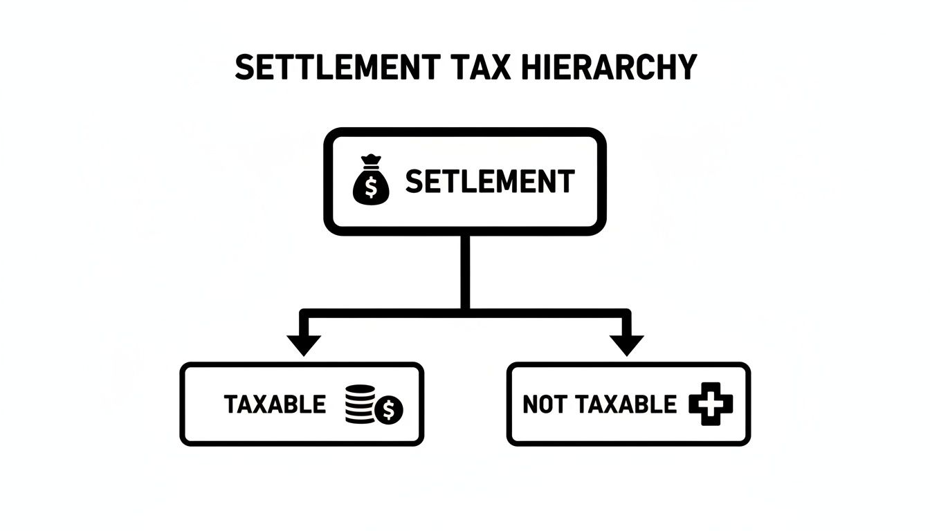 A flowchart illustrates settlement tax hierarchy, categorizing settlements into taxable and not taxable.