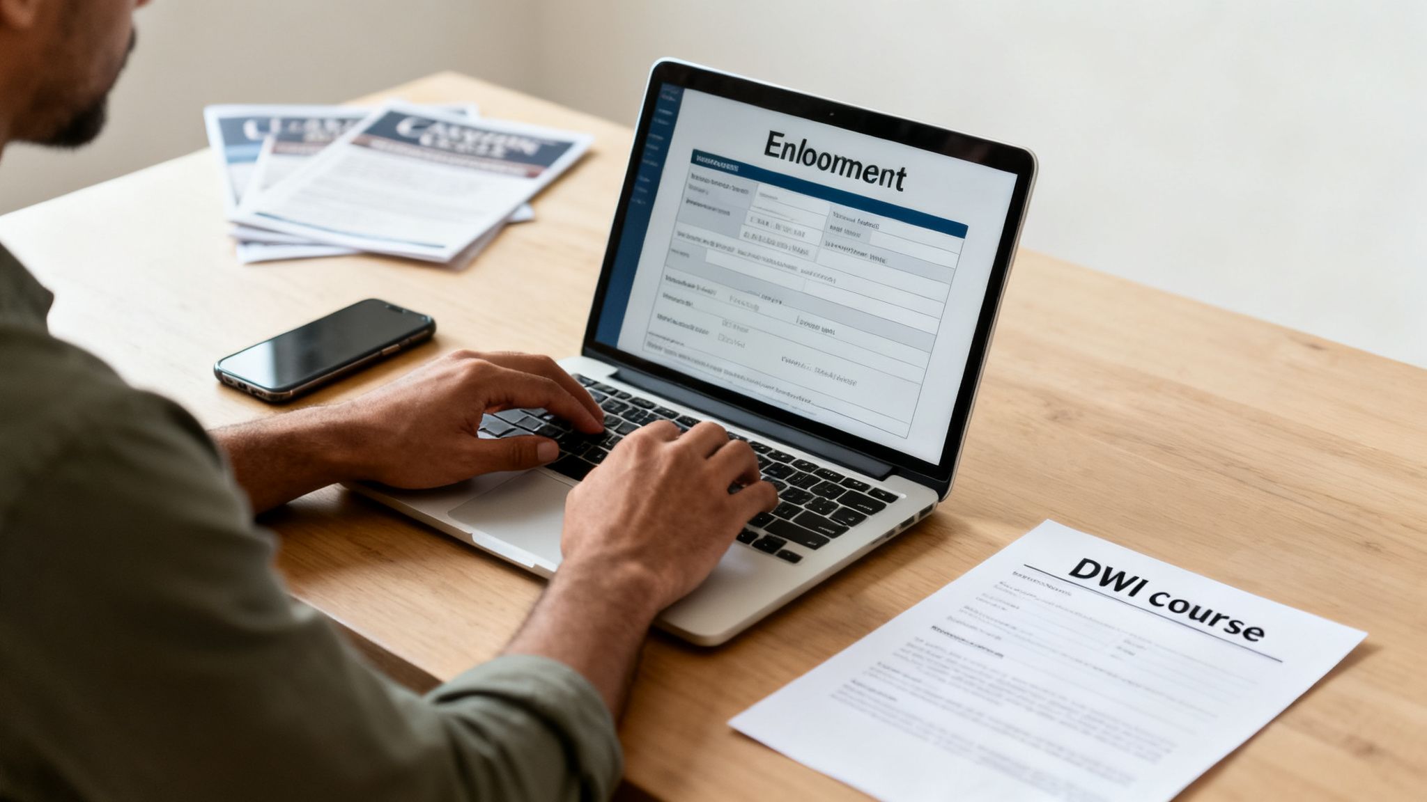 A person types on a laptop with an enrollment form, next to a 'DWI course' document.