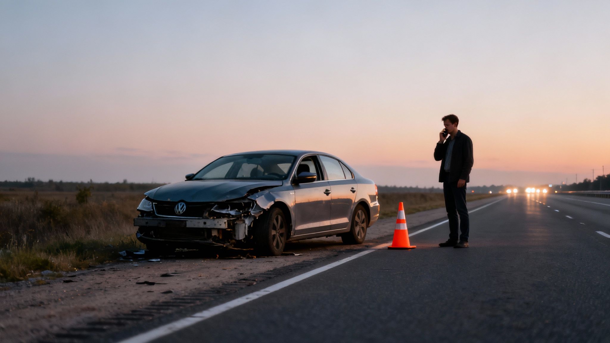 Man calling for help after car accident on highway at dusk