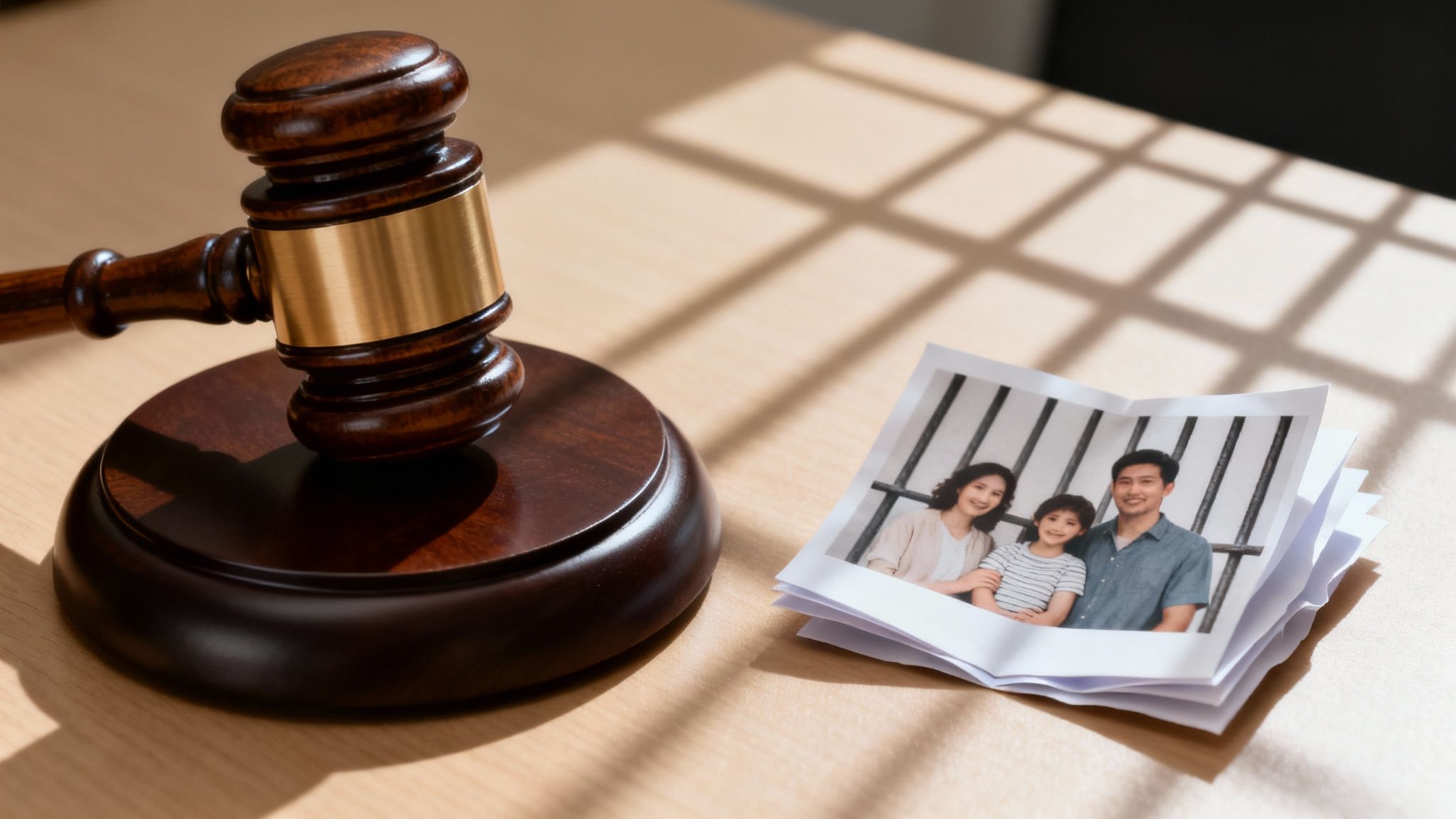 Gavel next to family photos on a table, symbolizing family law proceedings or divorce.